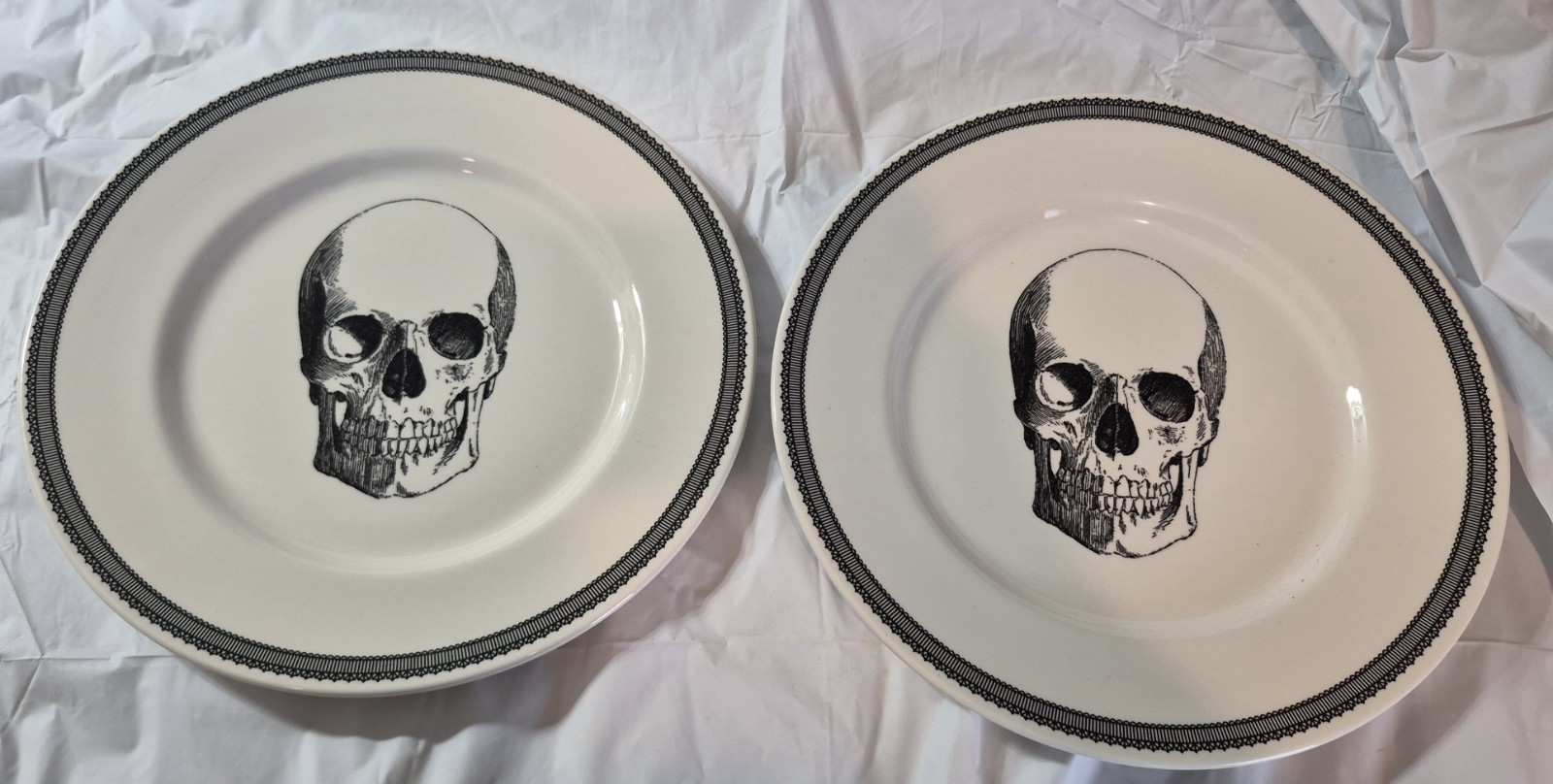 Set of 2 Royal Stafford England Skull Dinner Plates Gothic Halloween