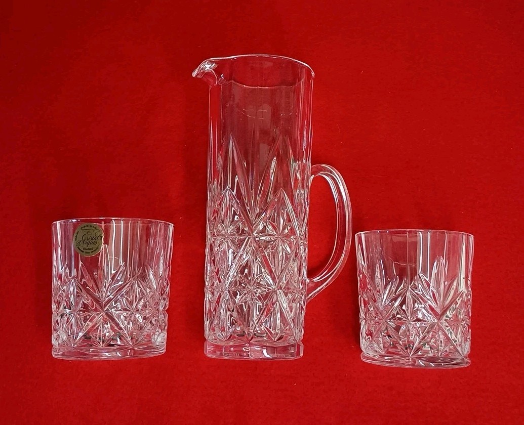 Cristal d’Arques 24% Lead Crystal Pitcher & 2 Matched Glasses 3 Piece Set France