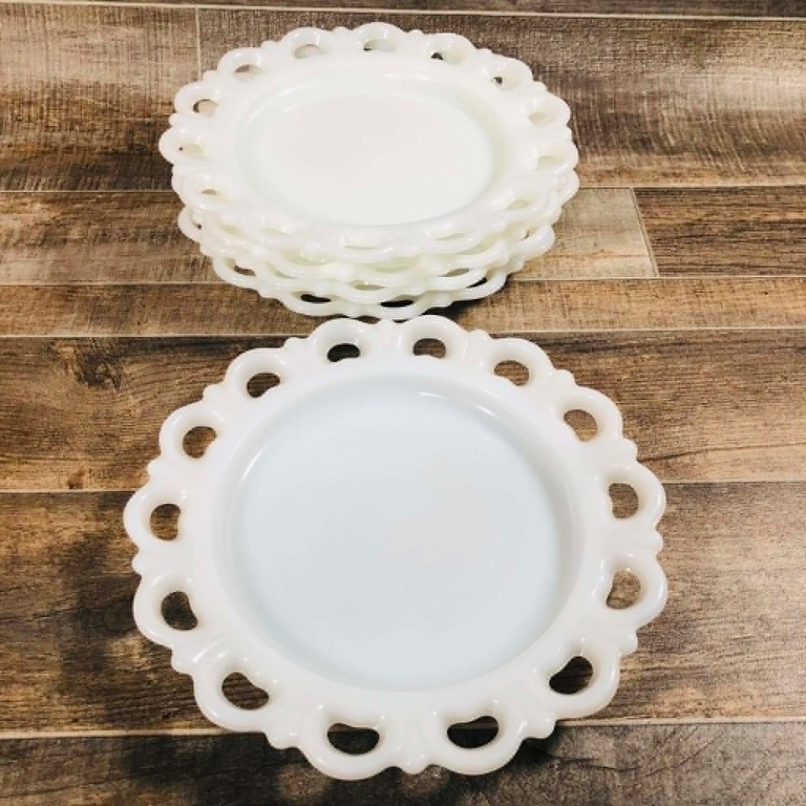 Vintage Anchor Hocking Milk Glass Open Lace Heart Border Plates Set of 5