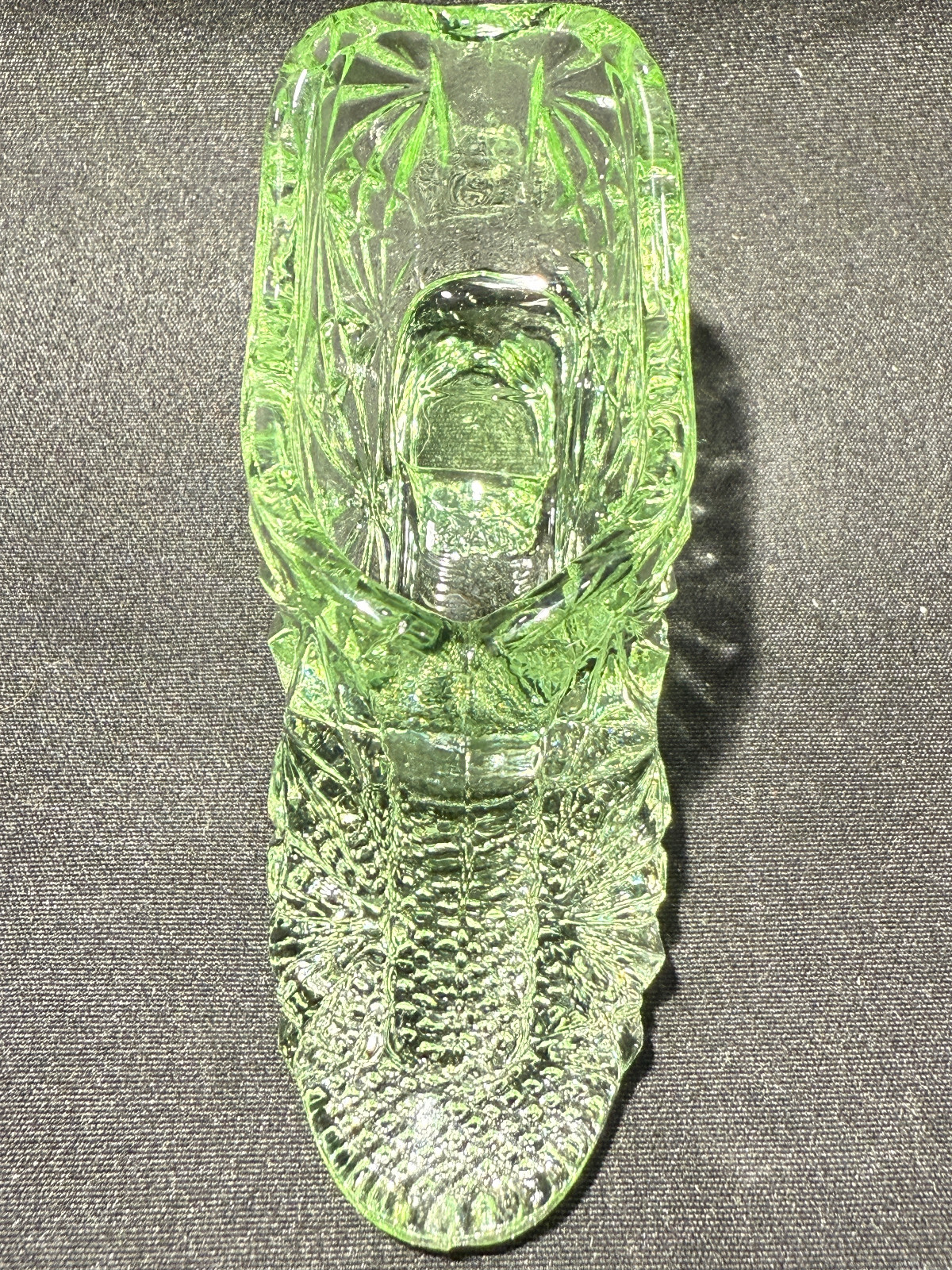Green Vaseline glass floral shoe slipper boot uranium daisy & button pattern art