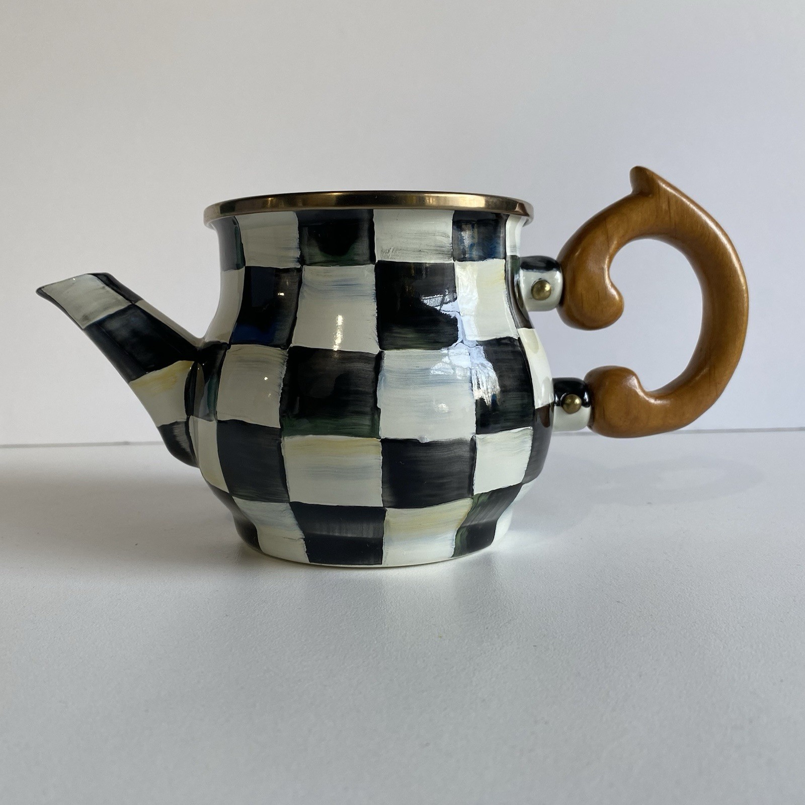 MacKenzie-Childs Vintage Courtly Check Enamel Creamer with Wooden Handle