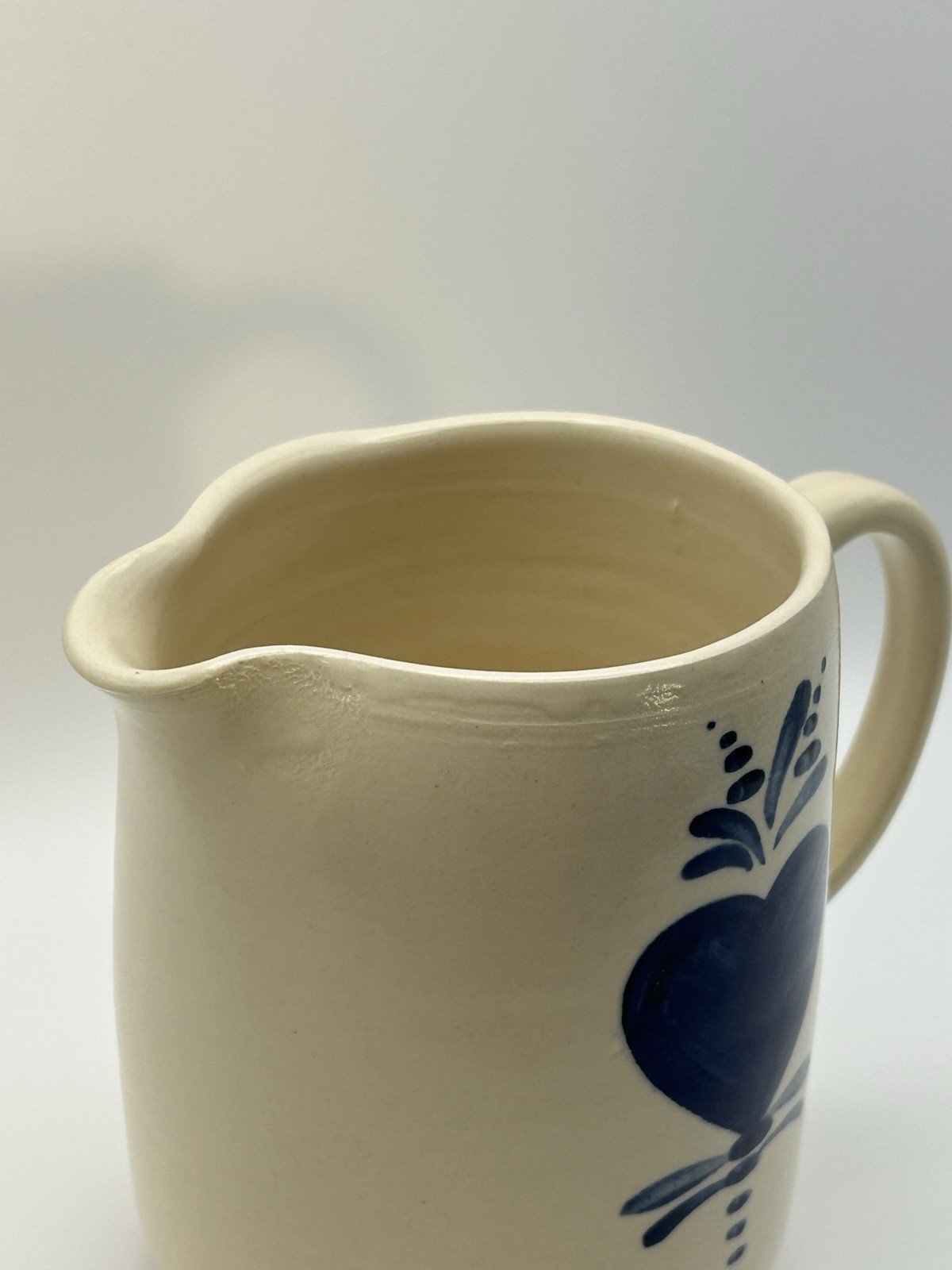 East Texas Pottery Small 4 1/2” Pitcher w Handpainted Blue Heart, Marshall, TX