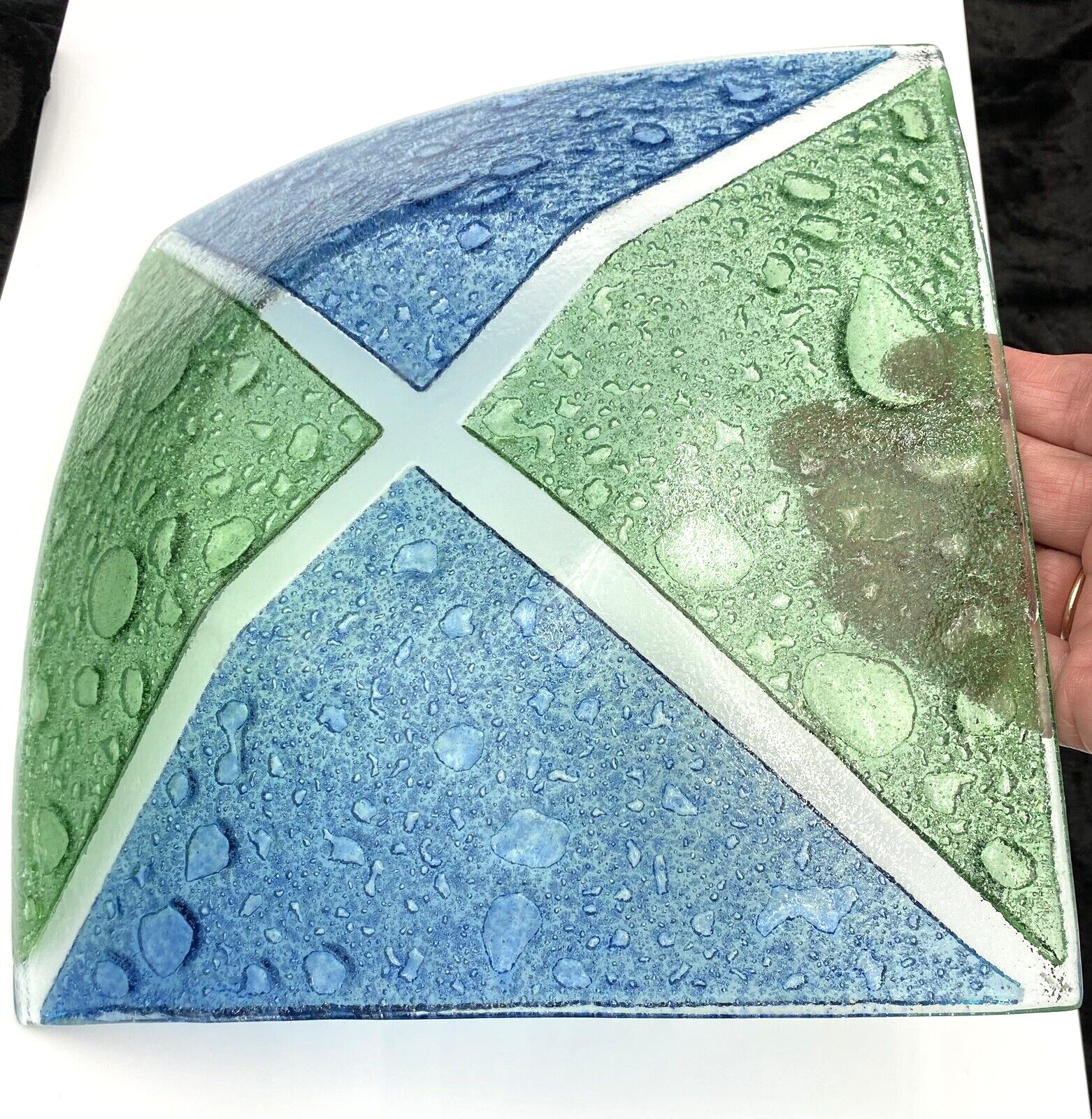 Fused Art Glass Plate, 9″ Curved Square, Green, Blue and Clear Glass w/Bubbles