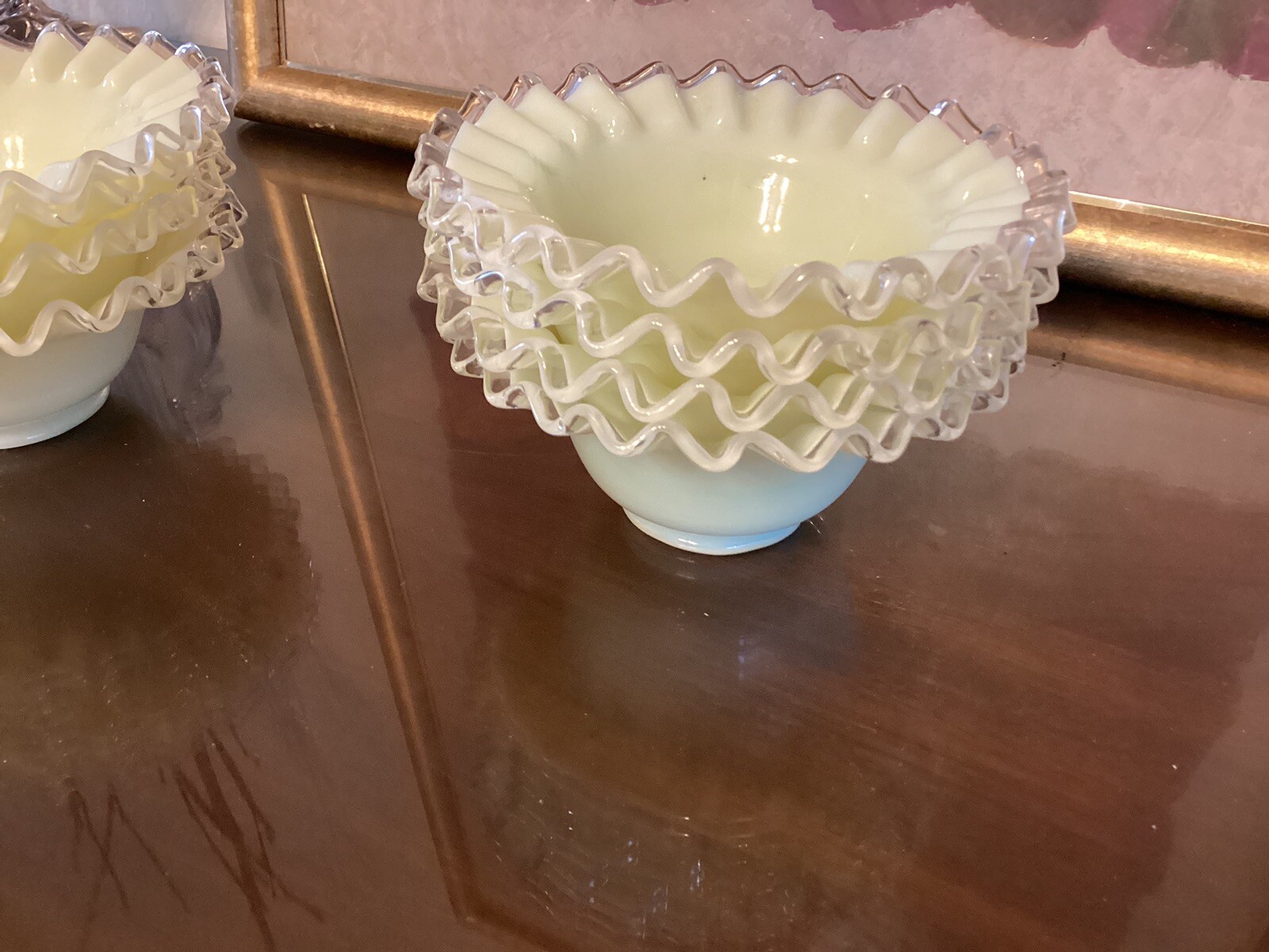 Fenton Glass Crested Opalescent Yellow /Green Pastel Milk Glass Bowls