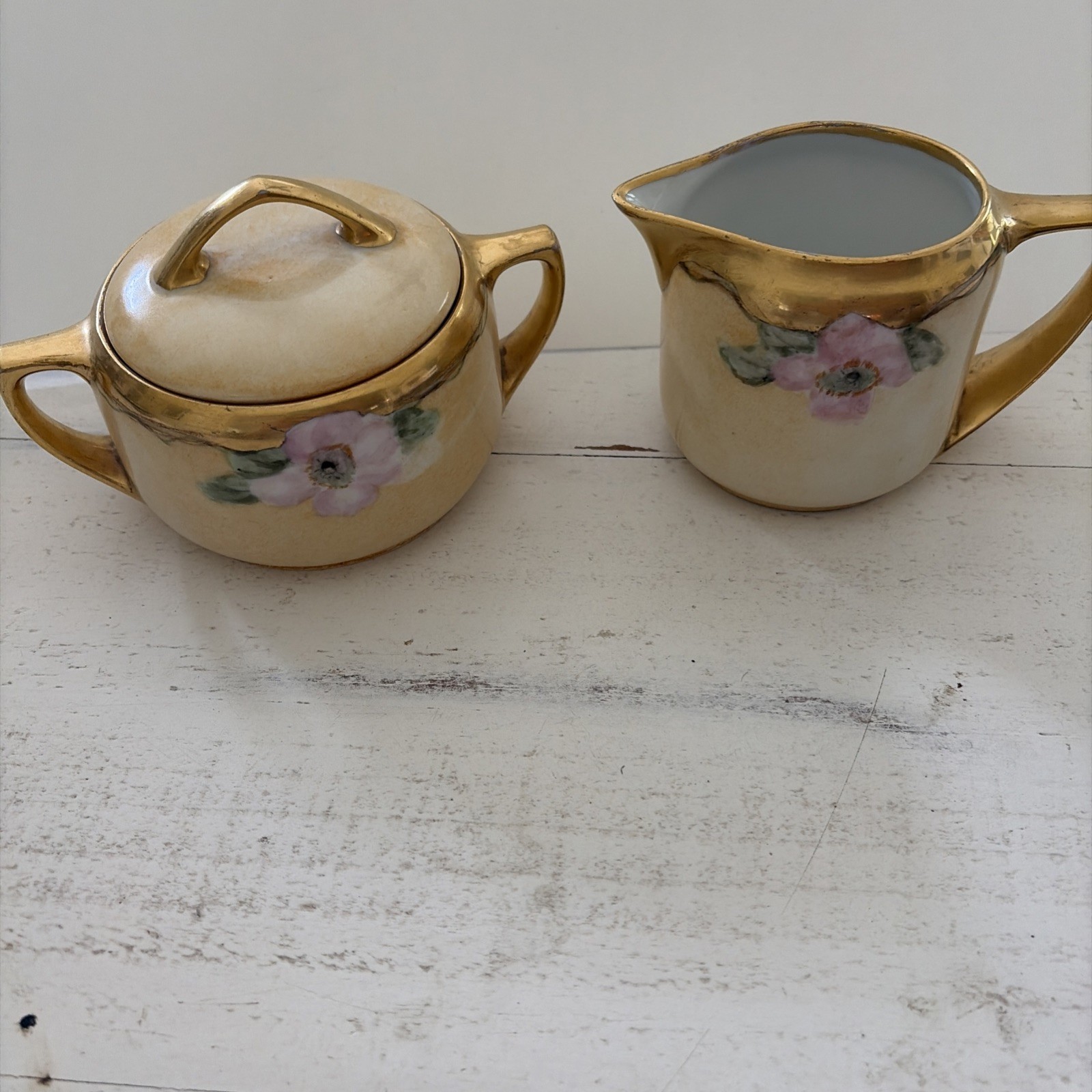 Bavarian Creamer & Sugar Bowl w/ lid, hand-painted, floral design gold accent