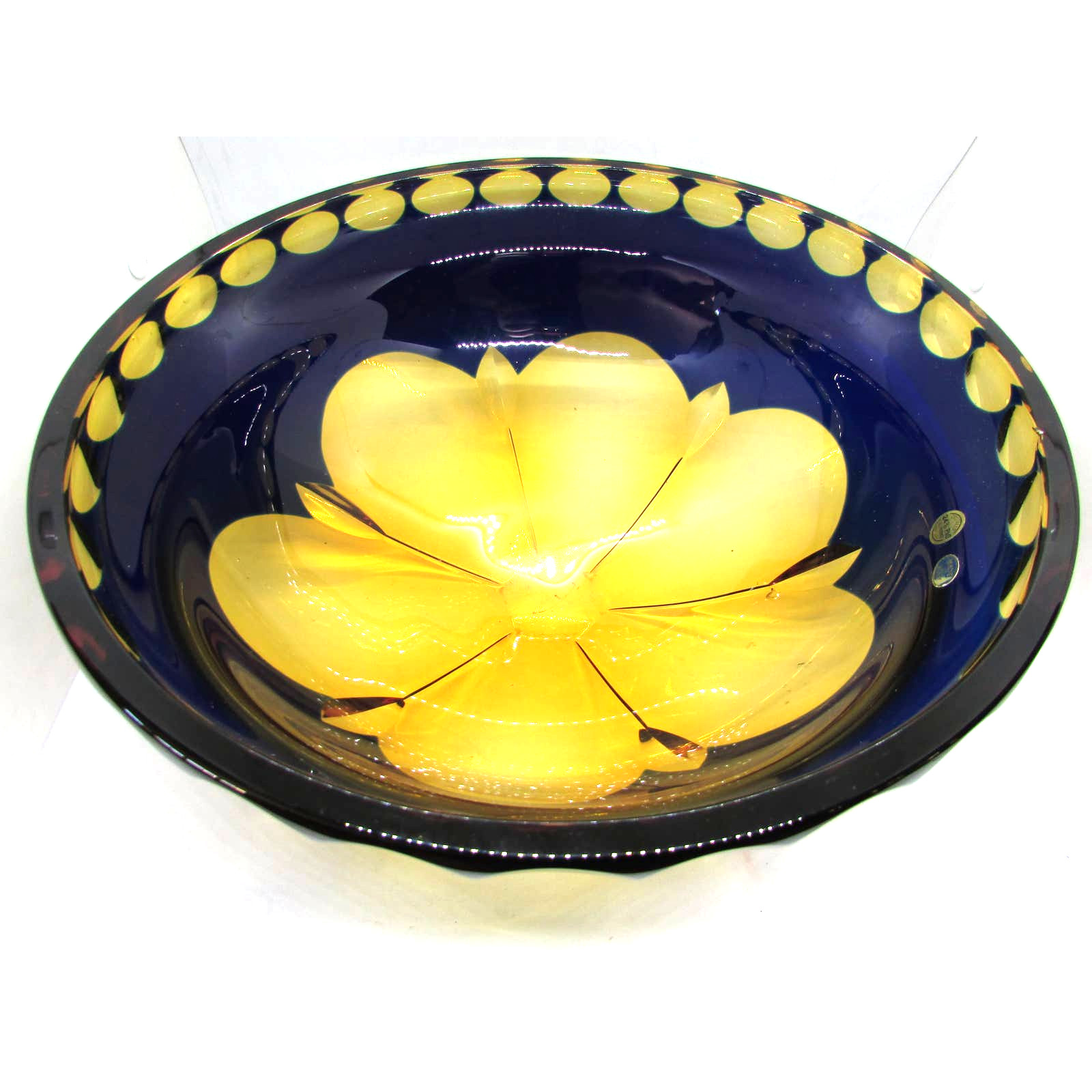 Cristallo Al Piombo 24% pbo Large Art Glass Bowl Italy Cobalt Blue Yellow Flower