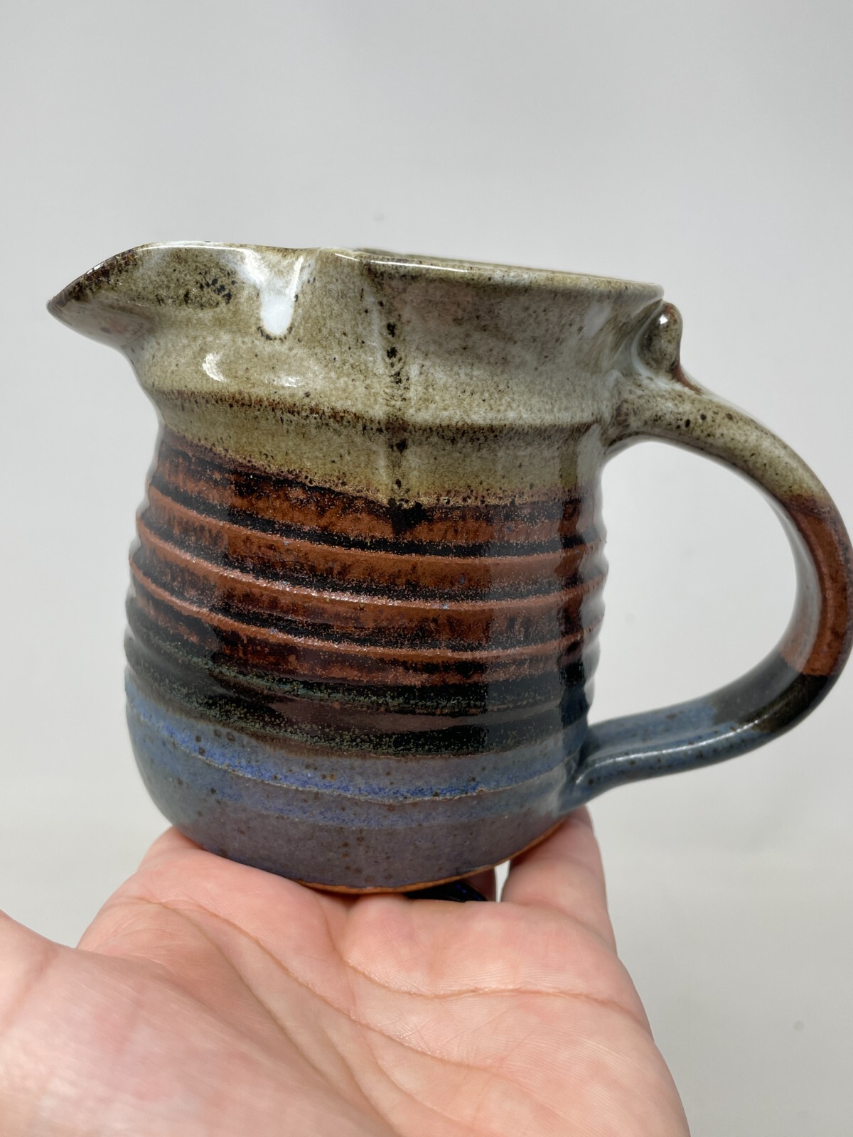 Studio Art Pottery Stoneware Creamer Pitcher Blue Brown Marked Rustic 4.5in