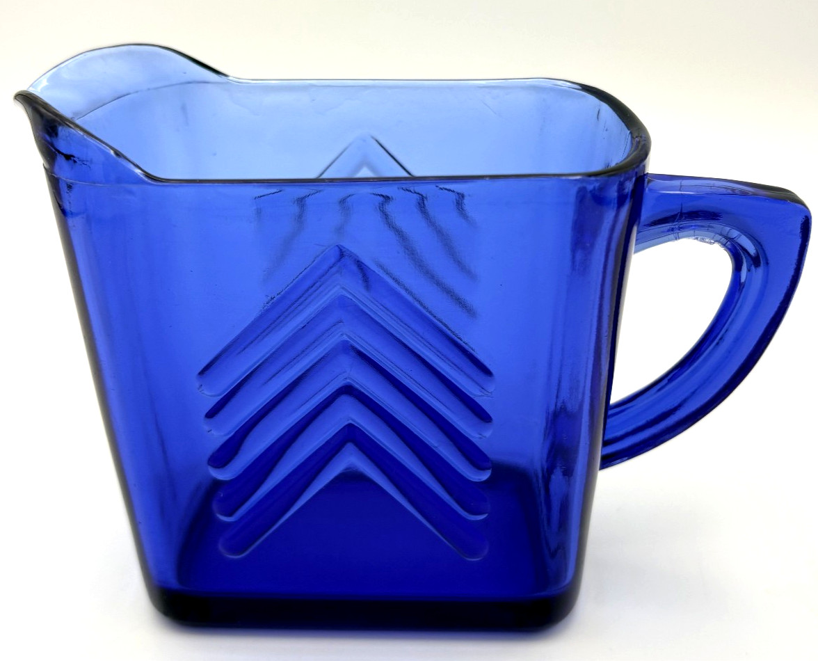 Vintage Hazel Atlas Cobalt Blue Chevron Depression Glass Creamer Pitcher 4.25″