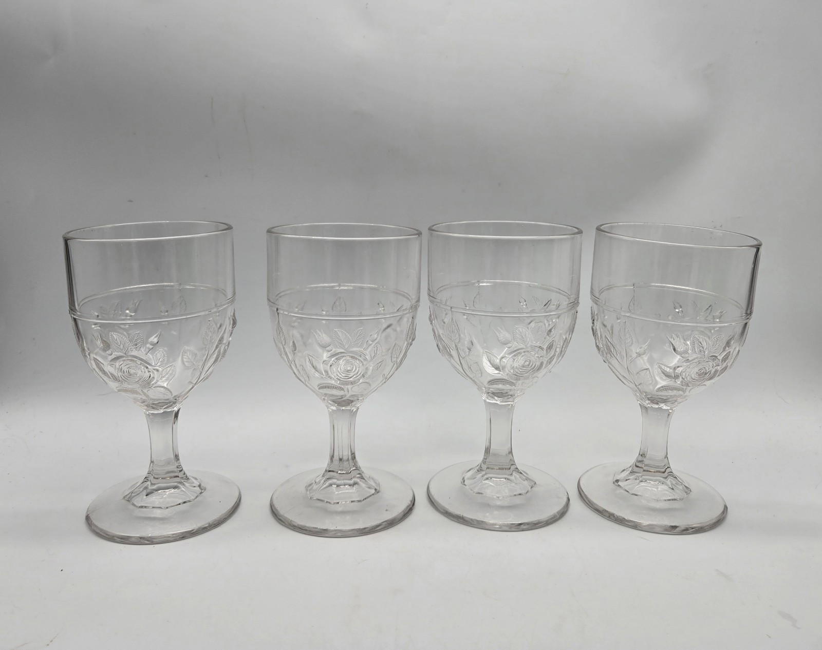1870s Open Rose AKA Moss by Unknown Clear Glass Goblet Vtg Antique Set Of 4