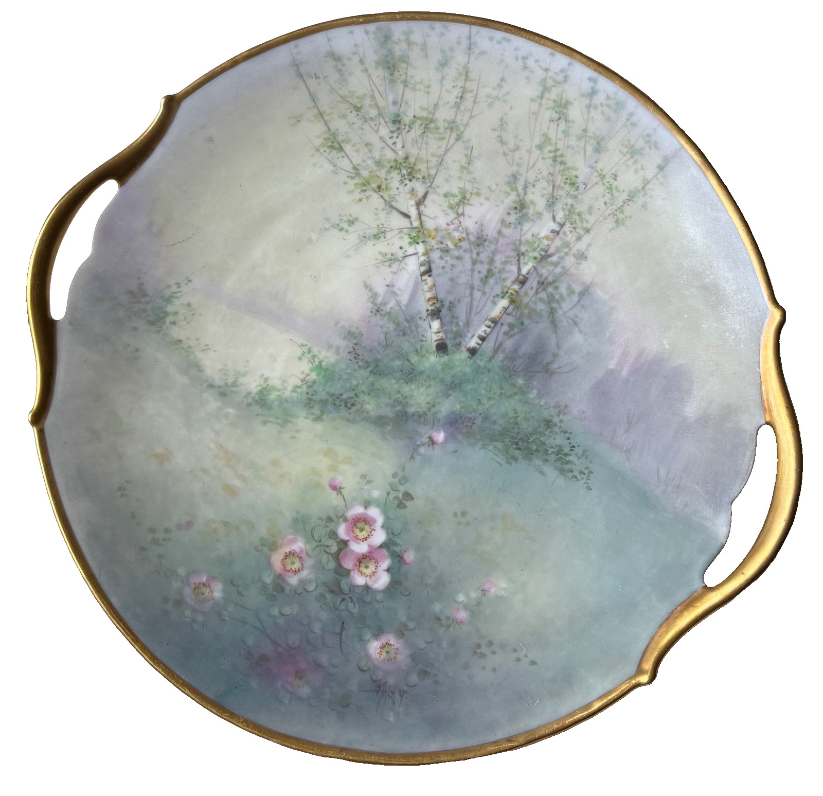 Pickard China Vellum Hand Painted Signed Maley Plate Tree Lake Scene 10.75″ 1901