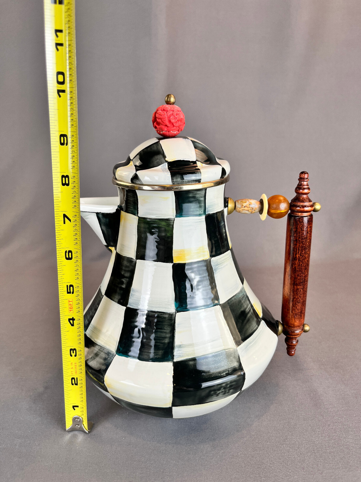 MacKenzie-Childs COURTLY CHECK Enamel 64 Oz Jug & Lid w/ Red Finial Coffee Pot A
