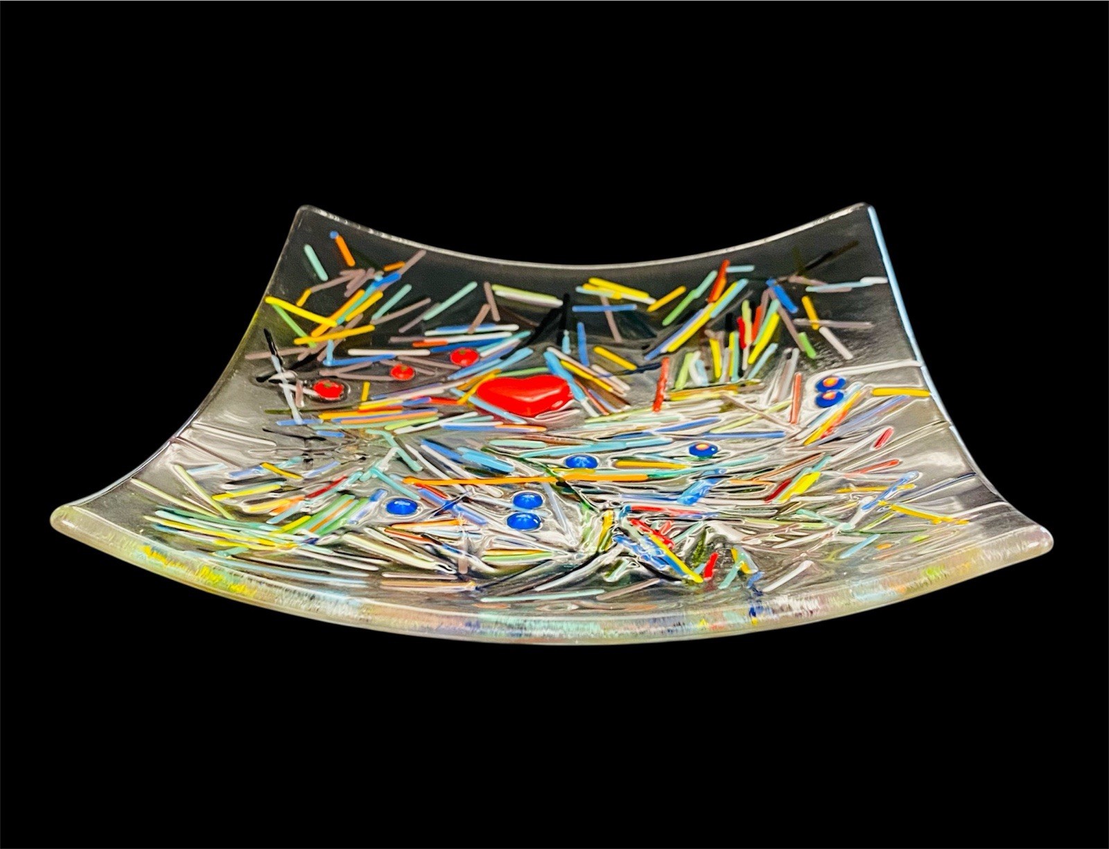 Handcrafted Fused Art Glass Plate Dish Abstract Multicolor Confetti & Red Heart