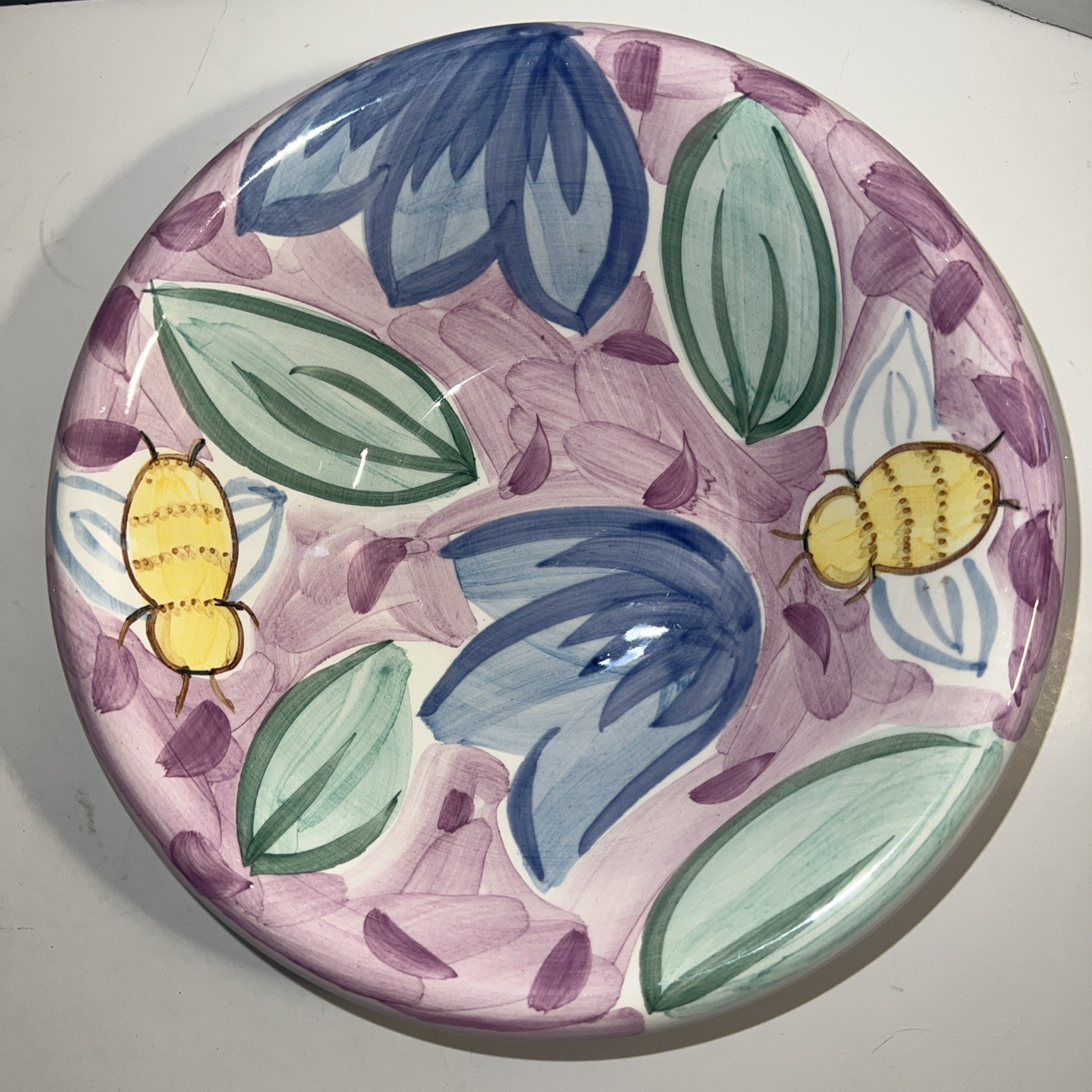 Bella Ceramica Soup Salad Serving Bowls Purple Flowers Bee 8.75”D Set Of 2