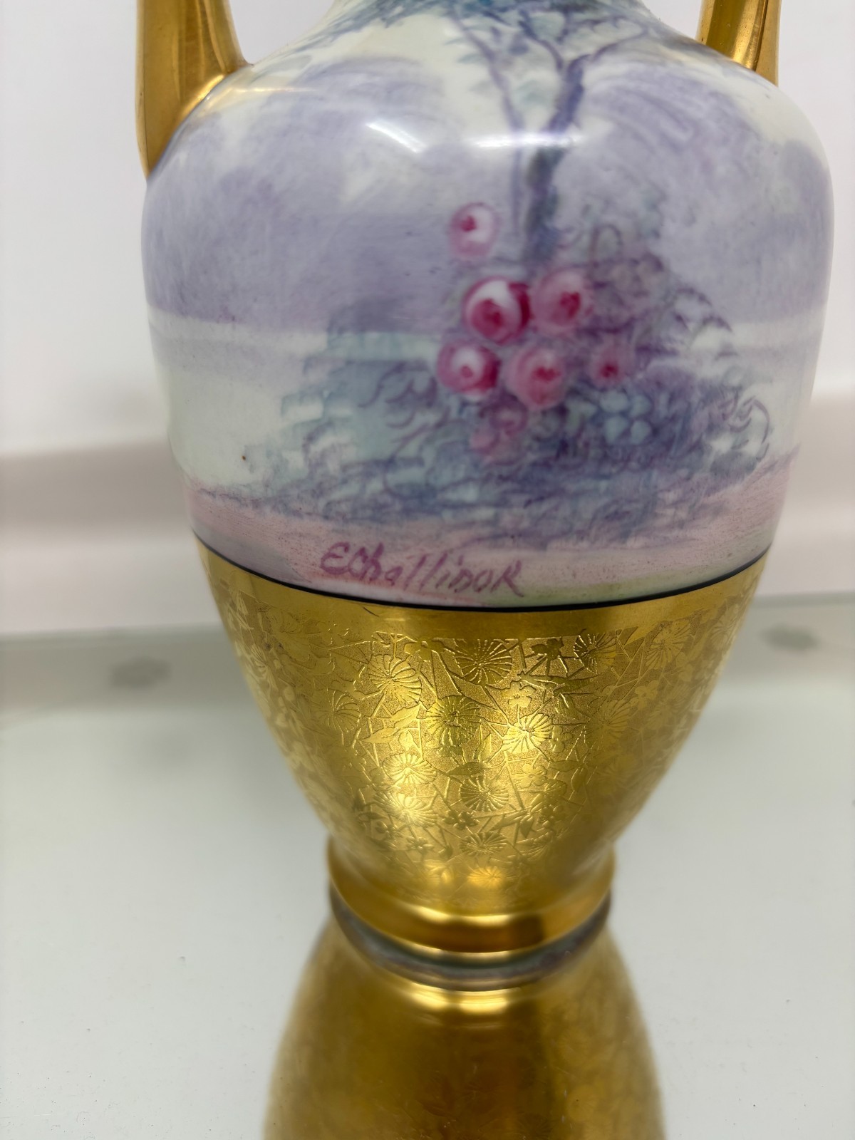 Antique Golden Accent Hand Painted Pheasant Pickard Vase E. Challinor Signed