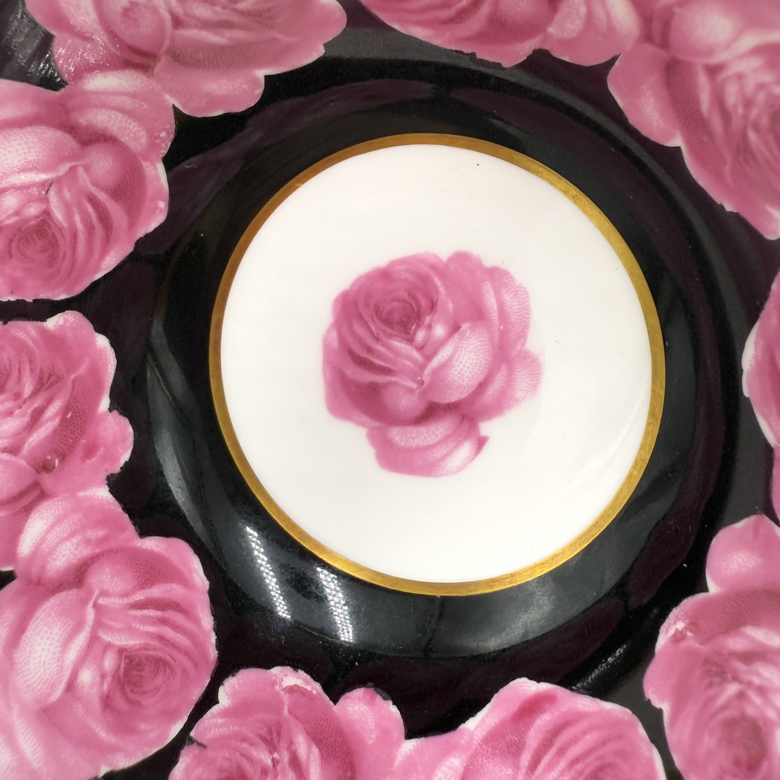 Paragon Pink Cabbage Rose Garland Black Gold Teacup & Saucer Double Warrant