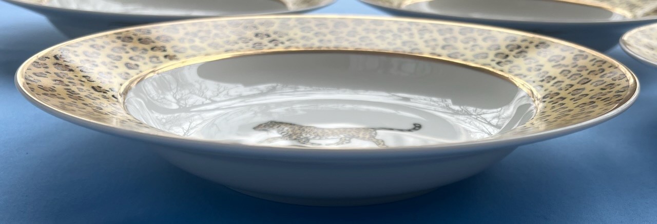 Set of FIVE Lynn Chase Amazonian Jaguar 9 1/8 Inch Flat Soup Bowls