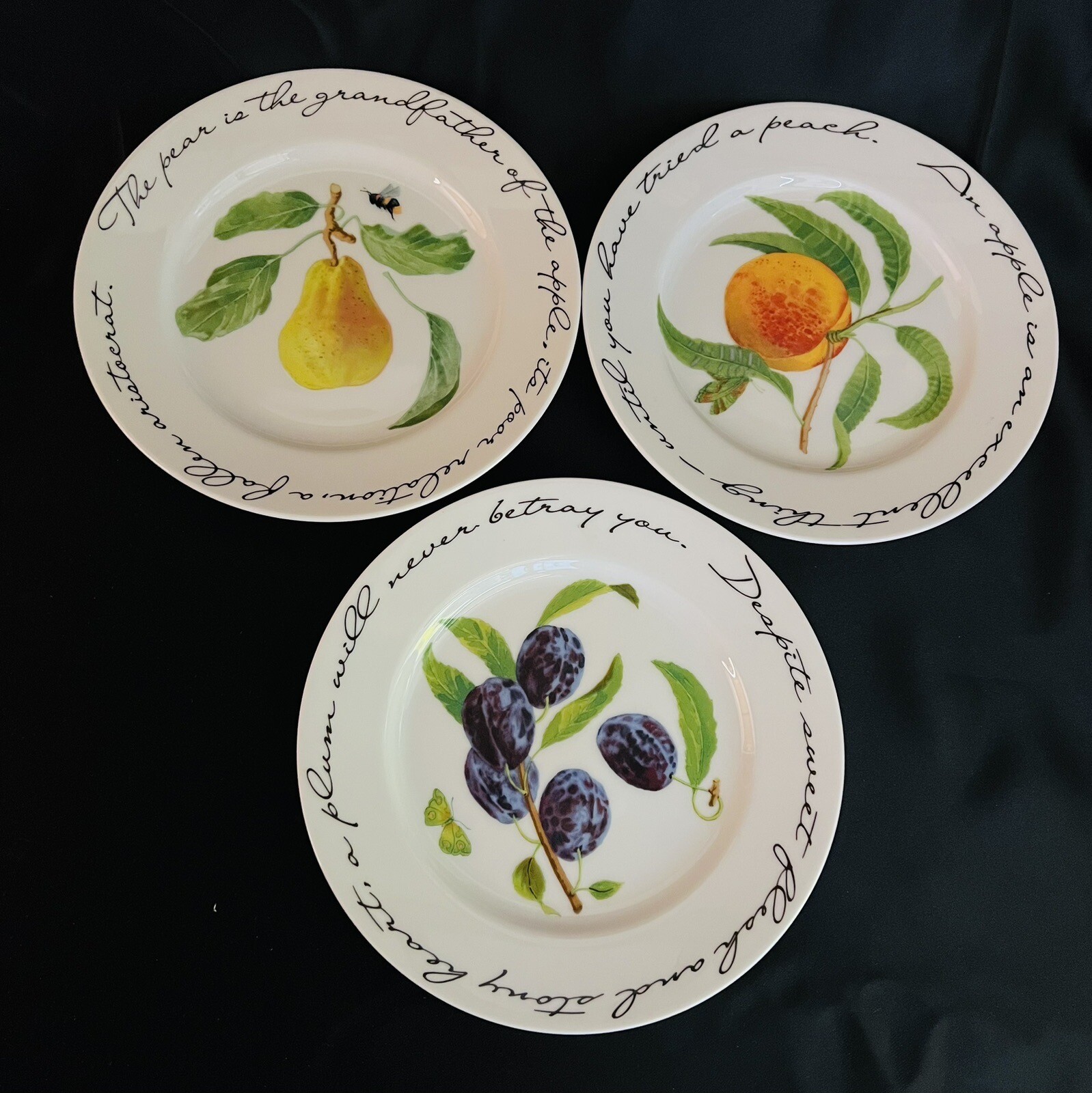 3 Williams Sonoma ORCHARD SUITE Accent Salad Plate Pears Plum Peach Fruit
