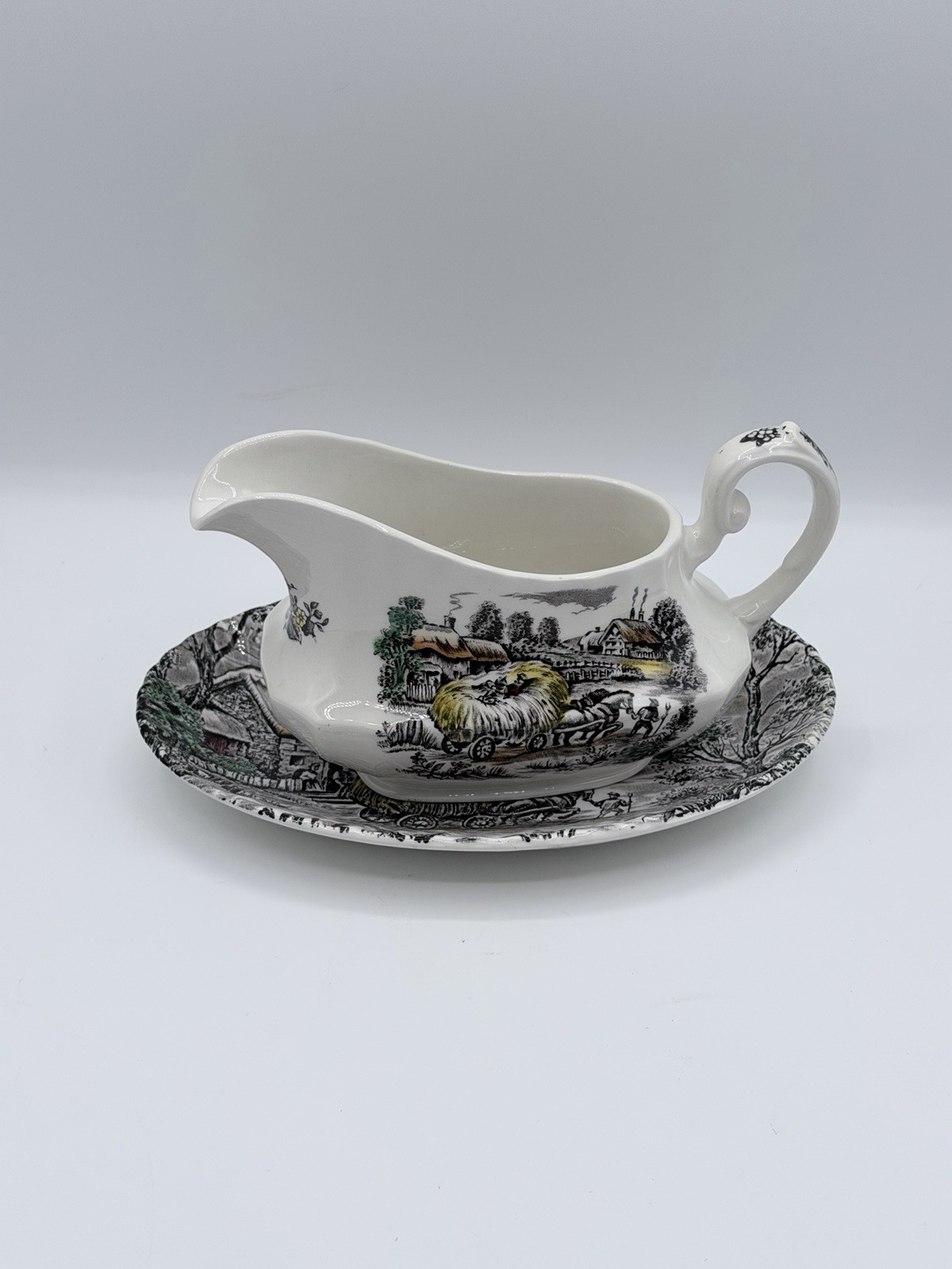Staffordshire Ironstone Yorkshire Multicolor Gravy Boat with Underplate England