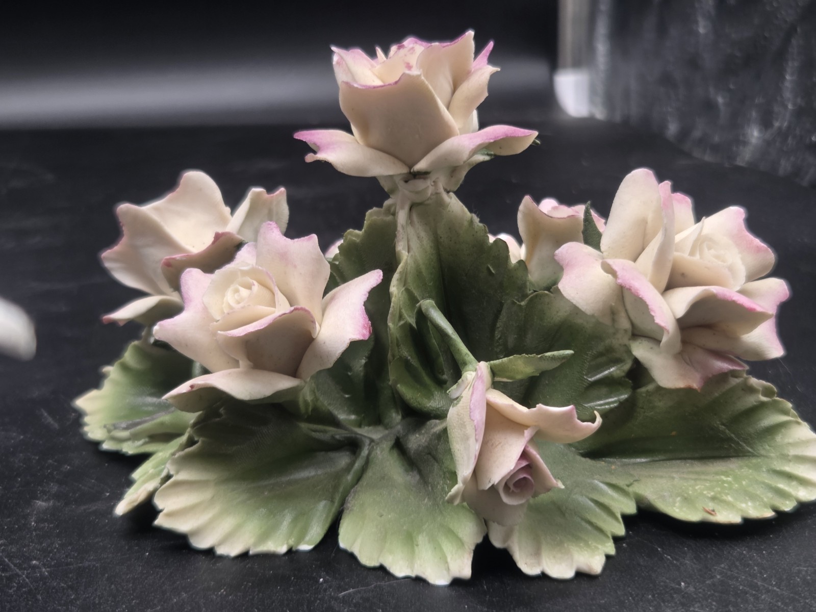 Vintage Capodimonte Italy Porcelain Purple Roses Hand Made Centerpiece