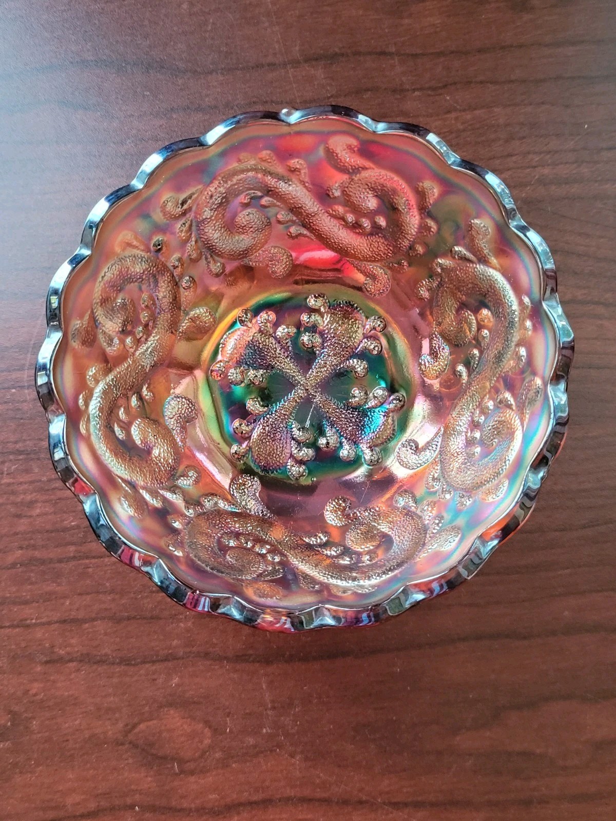 Pretty Amethyst Fenton Carnival Glass Feathered Serpent Sauce Bowl