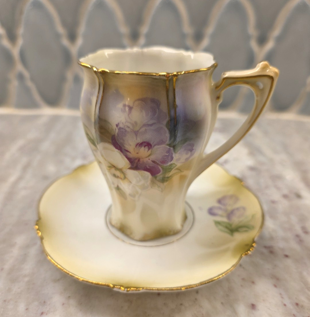 RS Prussia Cup and Saucer w/ Flowers Antique 1888-1910 w/ Red Star Green Wreath