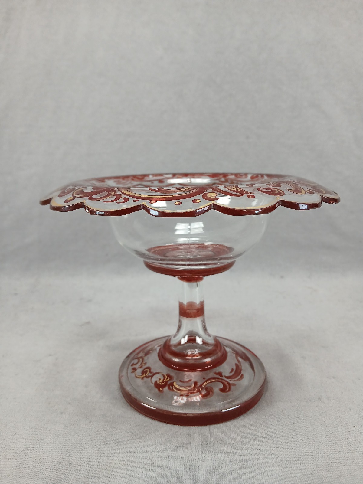 Mid 19th Century Bohemian Ruby Stained & Gold Scrollwork 5 1/8 Inch Compote