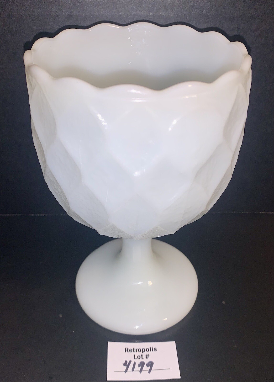 VINTAGE Milk Glass Footed Diamond Weave Candy Fruit Compote Server Chalice