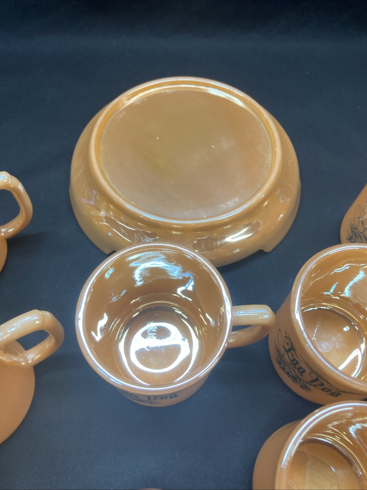 eggnog punch bowl set vintage Tom & Jerry Peach Luster Fire King W/stand 12 Cups