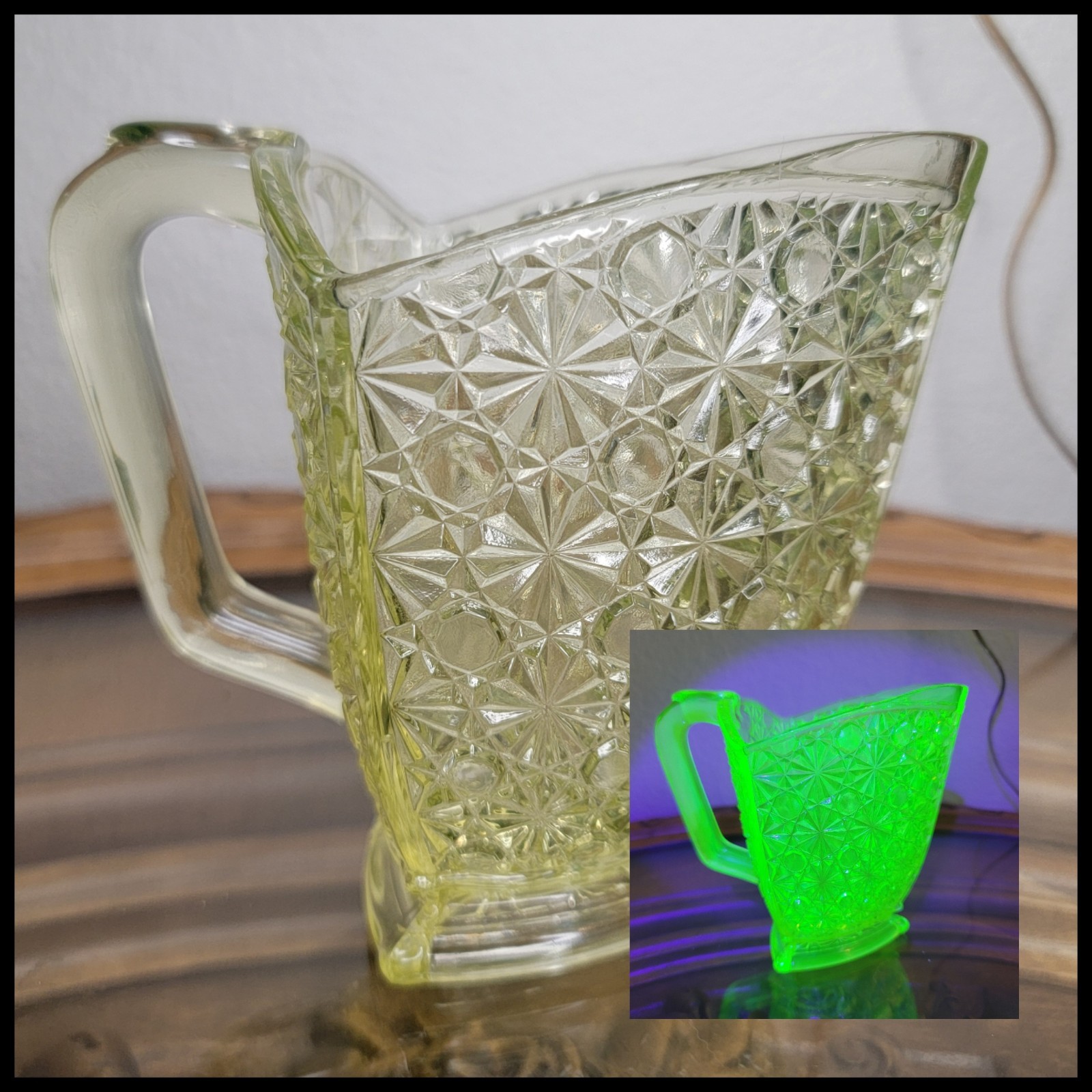 Gillinder & Sons Antique Vaseline Yellow Uranium Glass Triangle Cream Pitcher