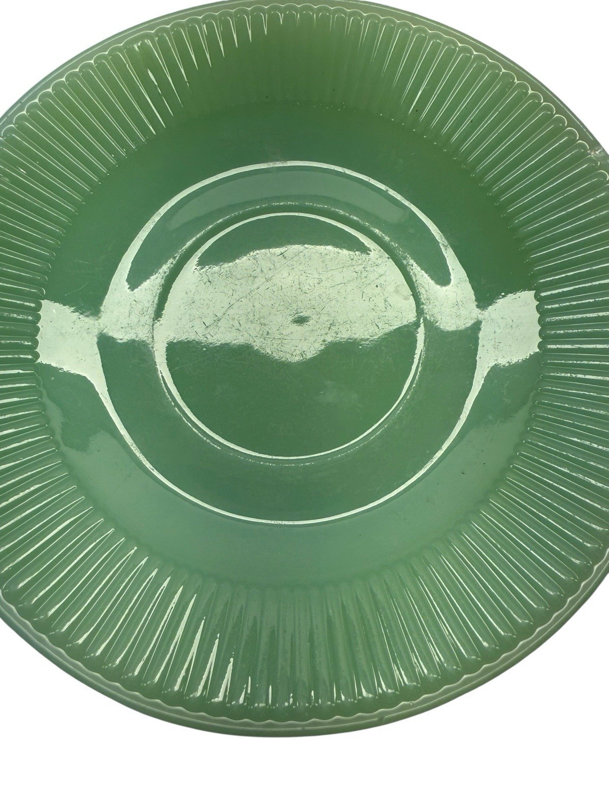 Rare Rayed Bottom Fire King Jade-ite Jane Ray Saucer – Excellent Condition