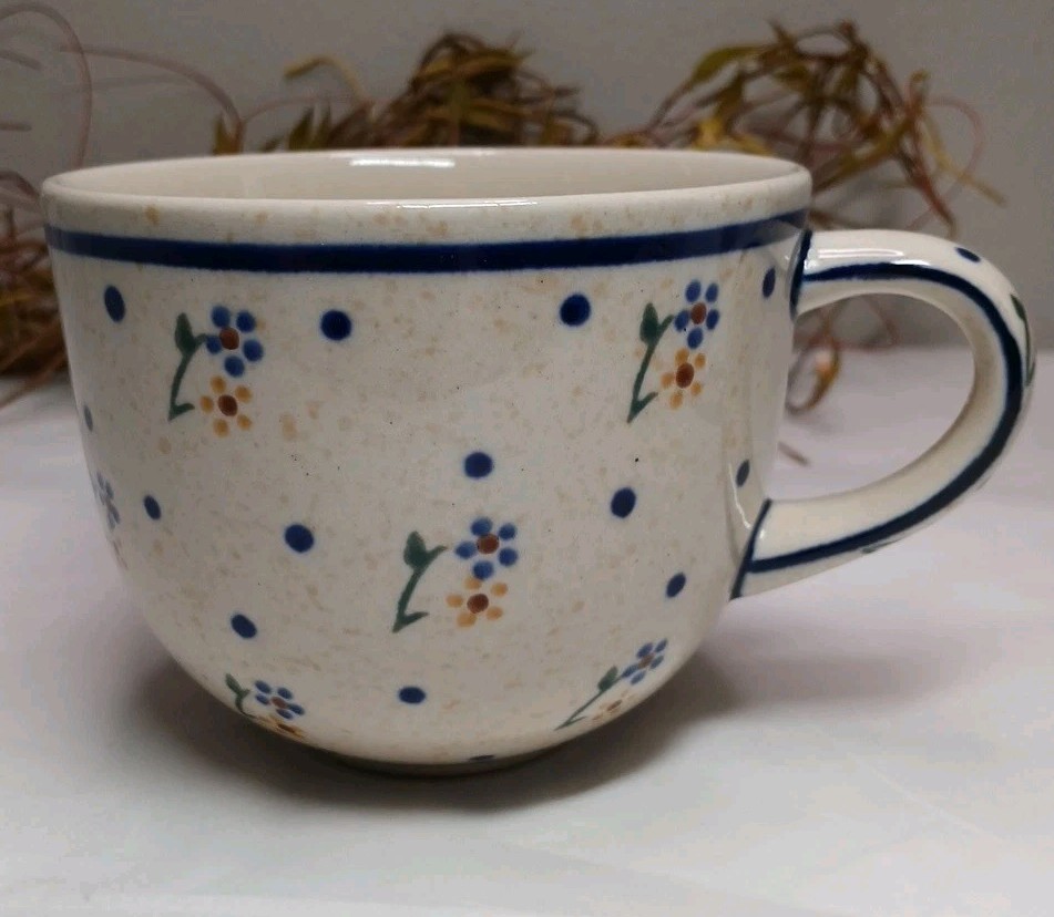 Boleslawiec Polish Pottery Mug Cup Daisy Blue Flower Pattern Beige Replacement