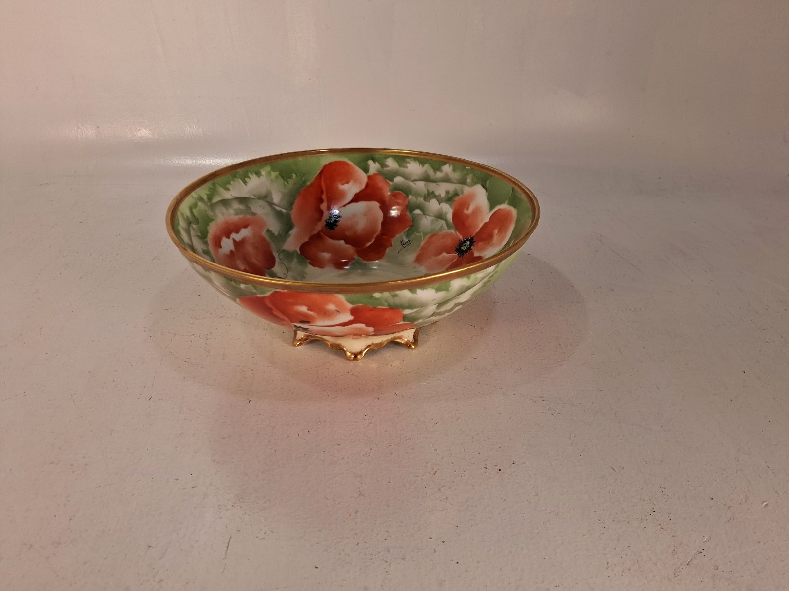 Hand Painted Limoges Coronet 10″ Poppy Bowl, Signed Alice