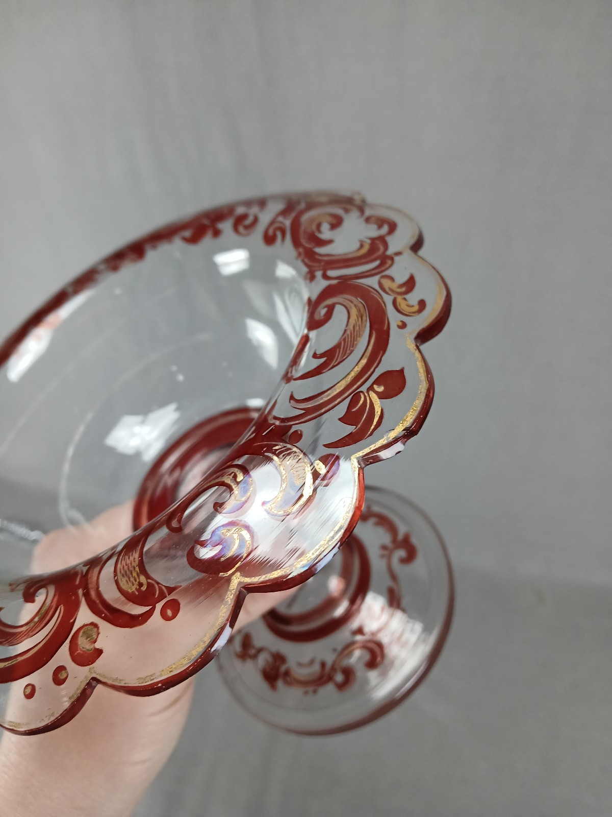 Mid 19th Century Bohemian Ruby Stained & Gold Scrollwork 5 1/8 Inch Compote
