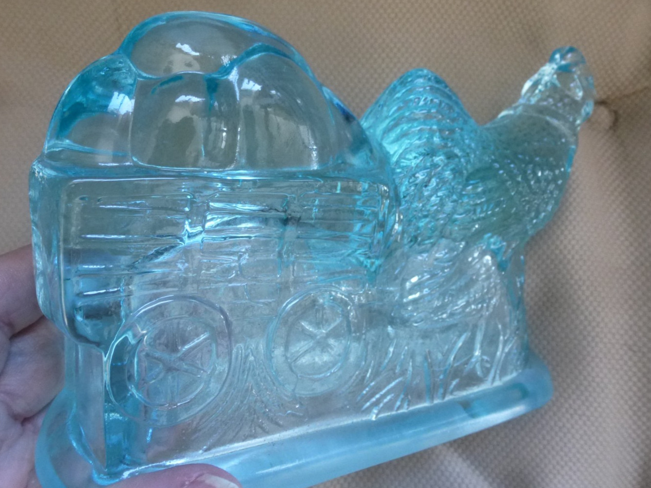 Hen Chicken pulling wagon Aquamarine Blue Glass Candy Dish Top Easter Spring