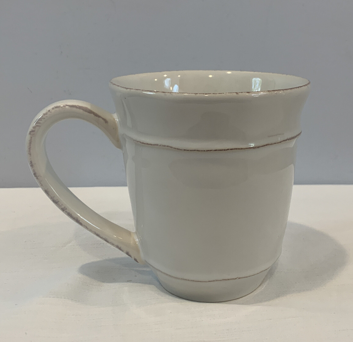 Pottery Barn Cambria Stone White Coffee Mug 4.25″ Tall Made In Portugal MINT!