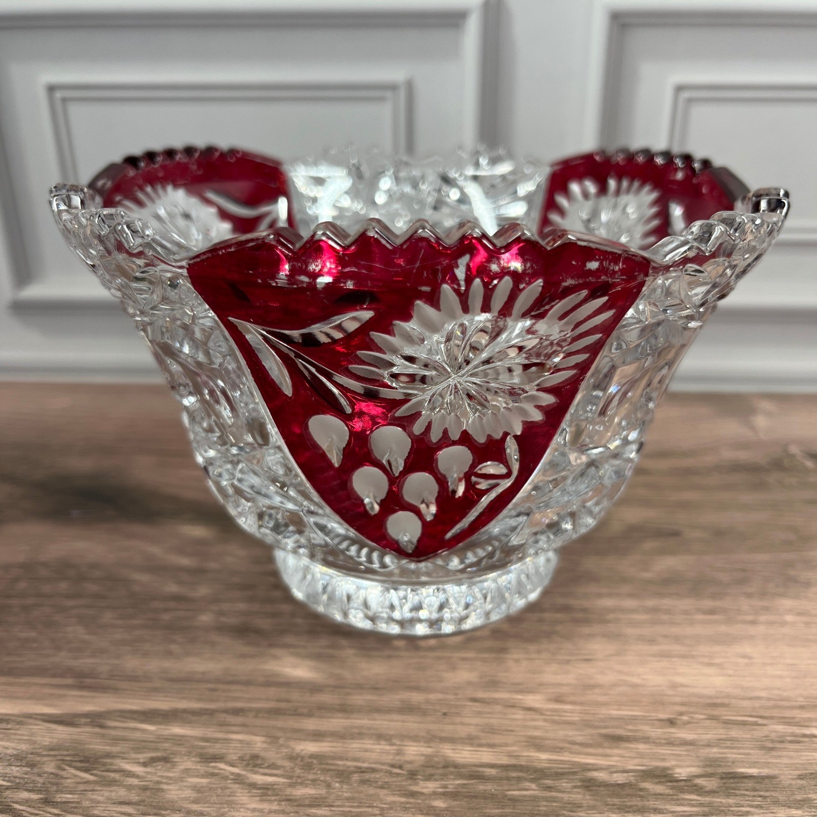 Evita Crystal 3pc Bowl Vase Set Red Clear 24% Lead Crystal Ruby Cut to Clear