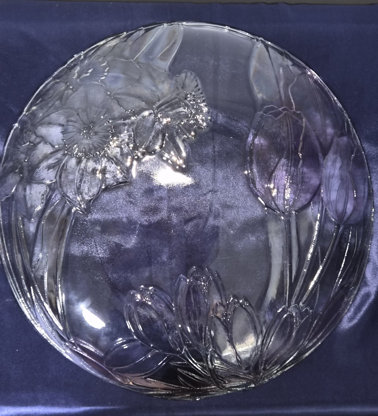 Vintage 13” CRYSTAL Round platter “BLOSSOM” Iridescent Colorful Design