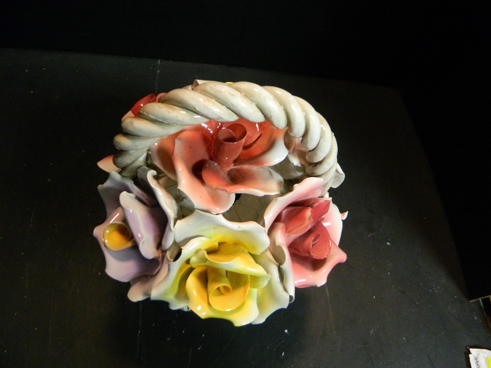 Vintage Large N Capodimonte Footed Roses Basket 9″ x 6.75″ x 7″ Excellent Cond