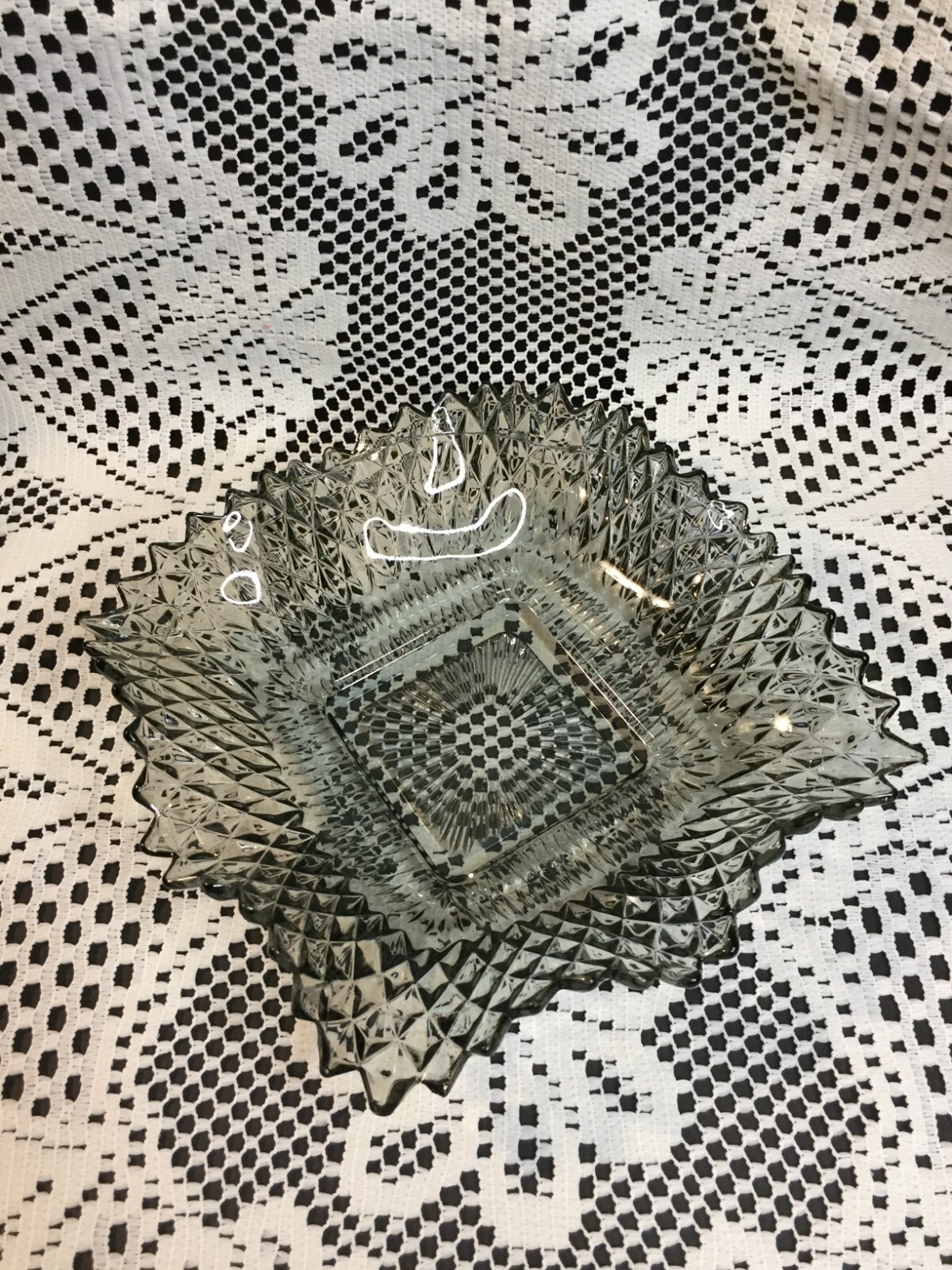 Light Gray Clear Glass Candy Bowl Square Serving Dish with Pointy Edges Vintage