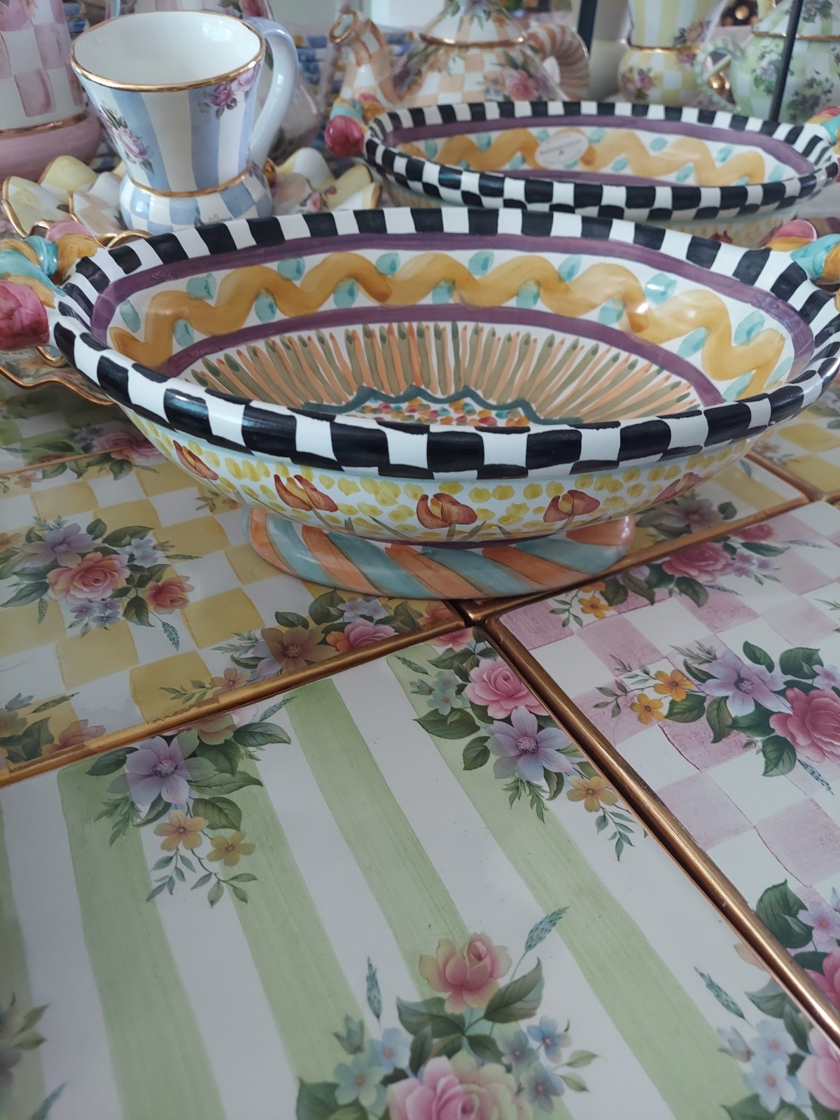 MacKenzie-Childs Taylor Odd Fellows Ceramic Footed Bowl With Courtly Check