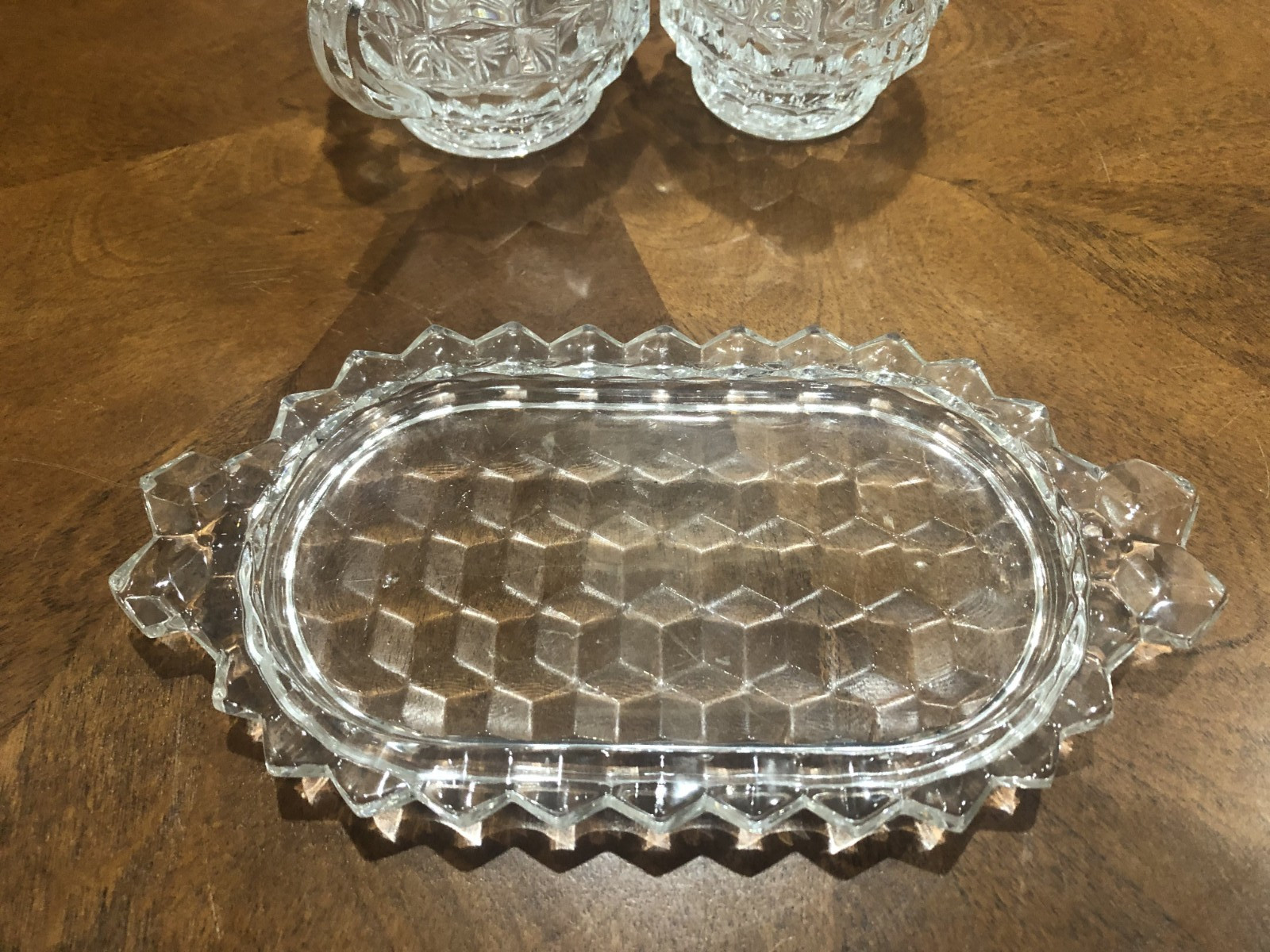 FOSTORIA CLEAR GLASS AMERICAN CUBIST PATTERN CREAMER, SUGAR BOWL AND TRAY SET