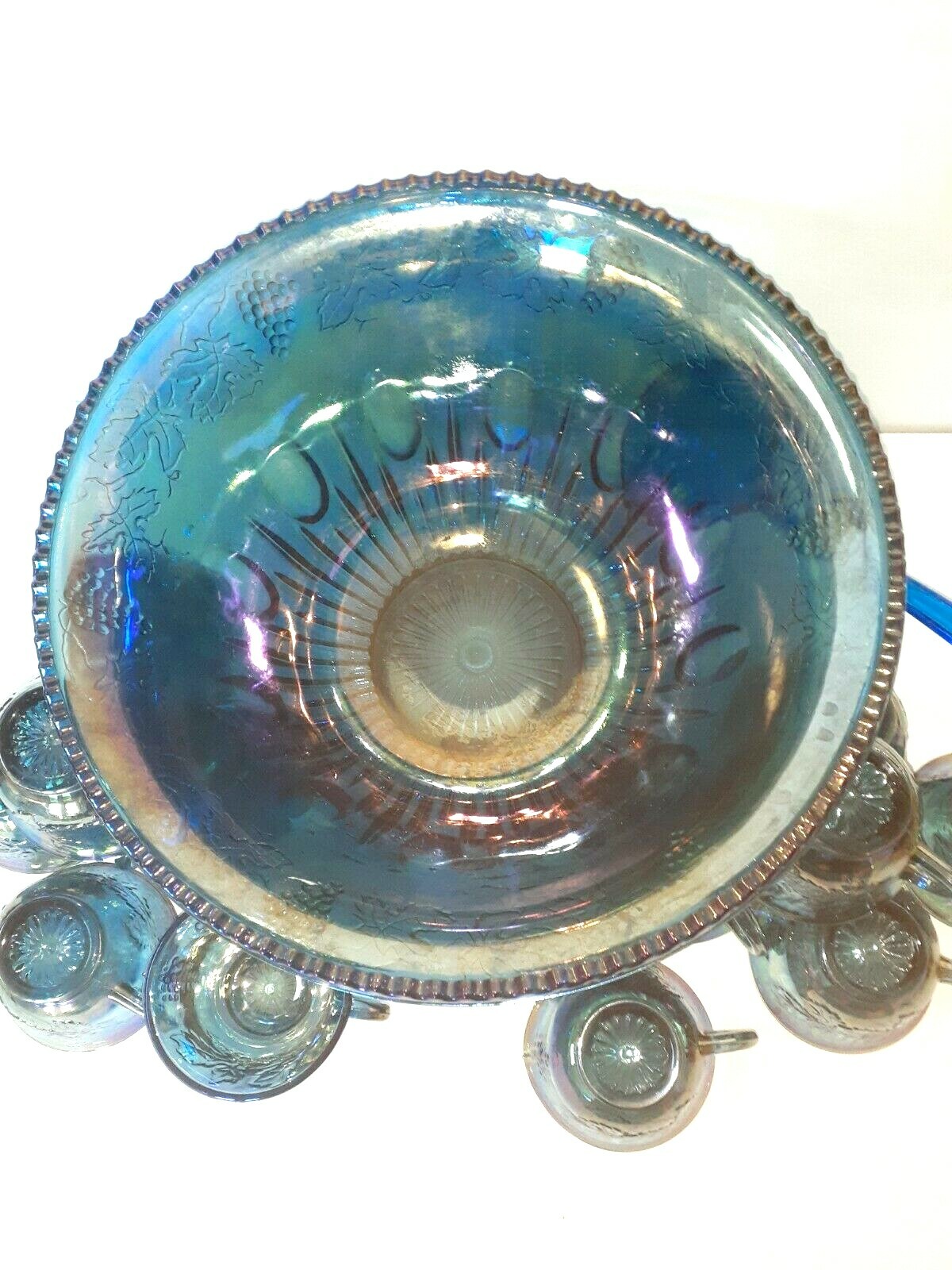 Vintage Indiana Glass Grape Harvest Punch Bowl Set Princess Blue Iridescent 14pc