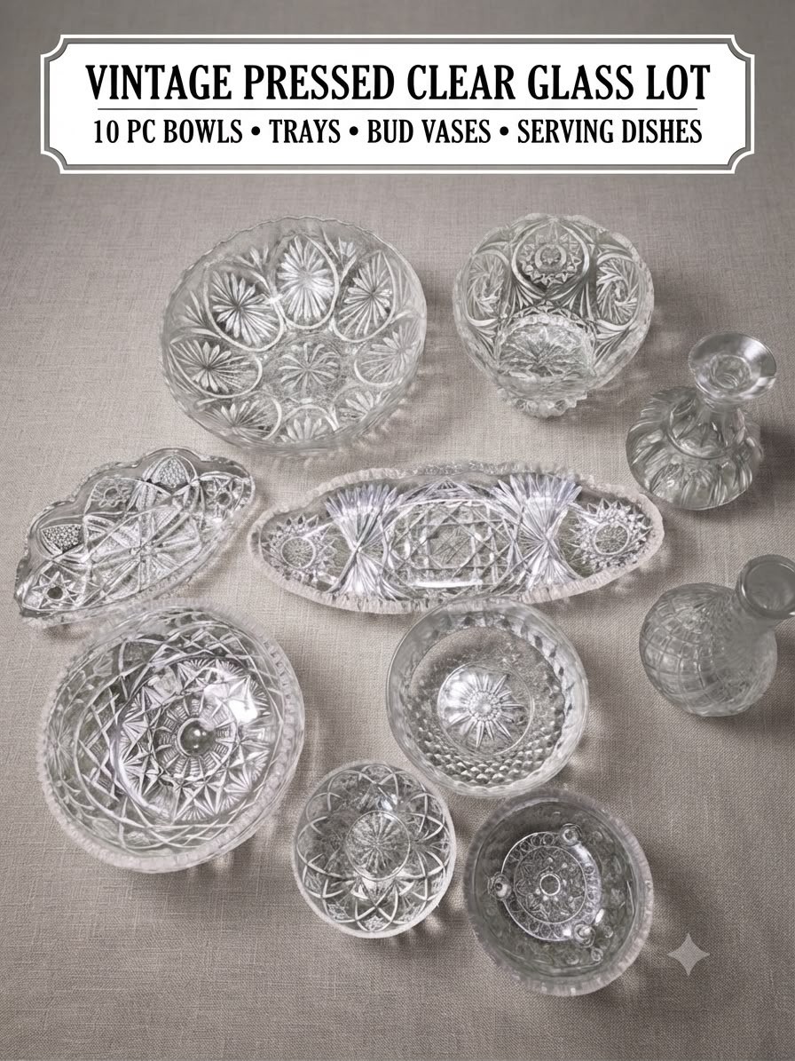 Vintage Pressed Clear Glass Lot 10 Pc Bowls Trays Bud Vases Serving Dishes