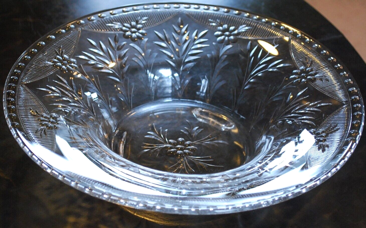 Vintage ROCK SHARPE Crystal FOOTED WIDE BOWL Clear Cut Floral & Dots 12.25″ EXC