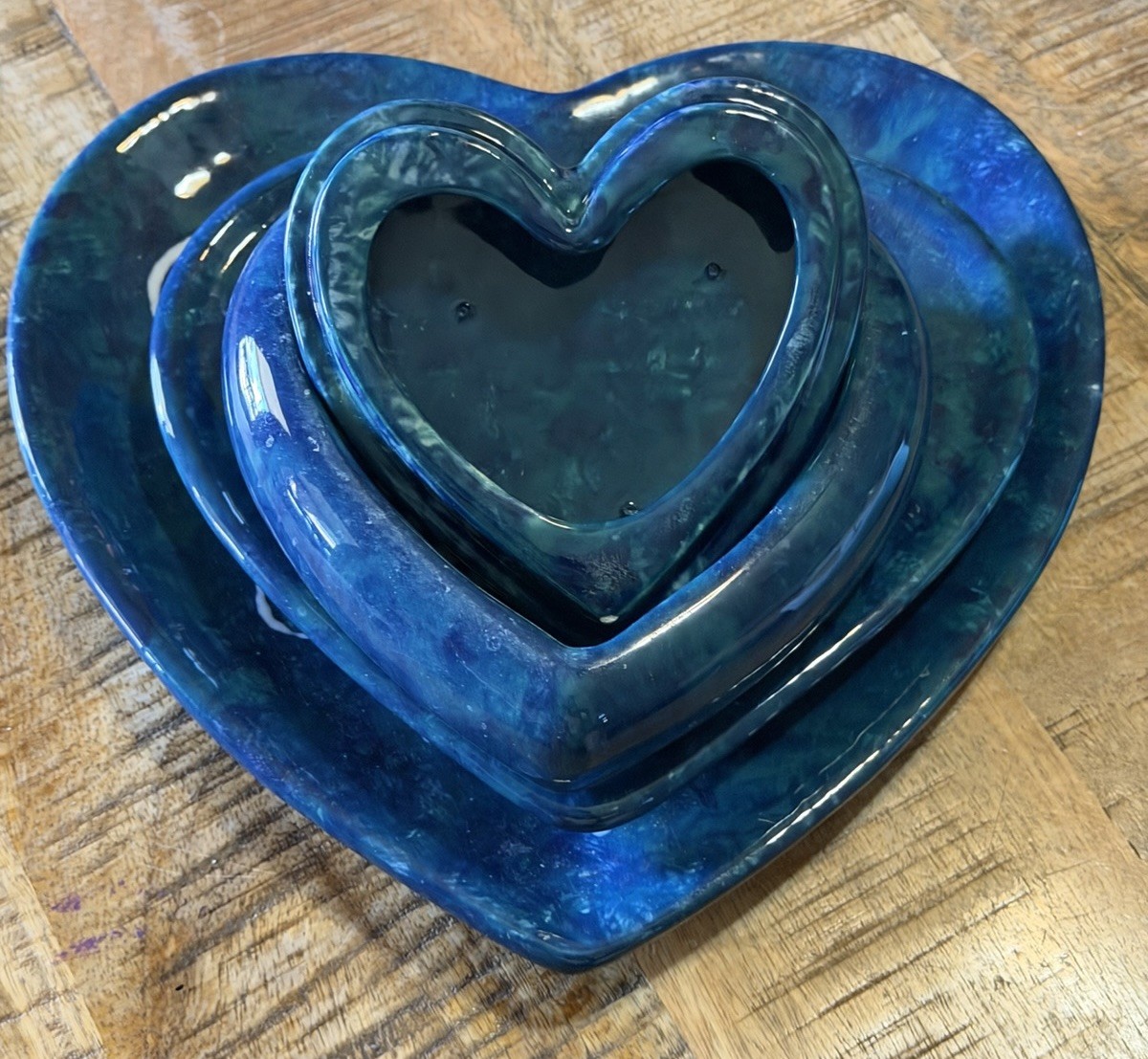 Vintage Handcrafted Four Piece Heart Shaped Blue Green Pottery Plates & Trinket