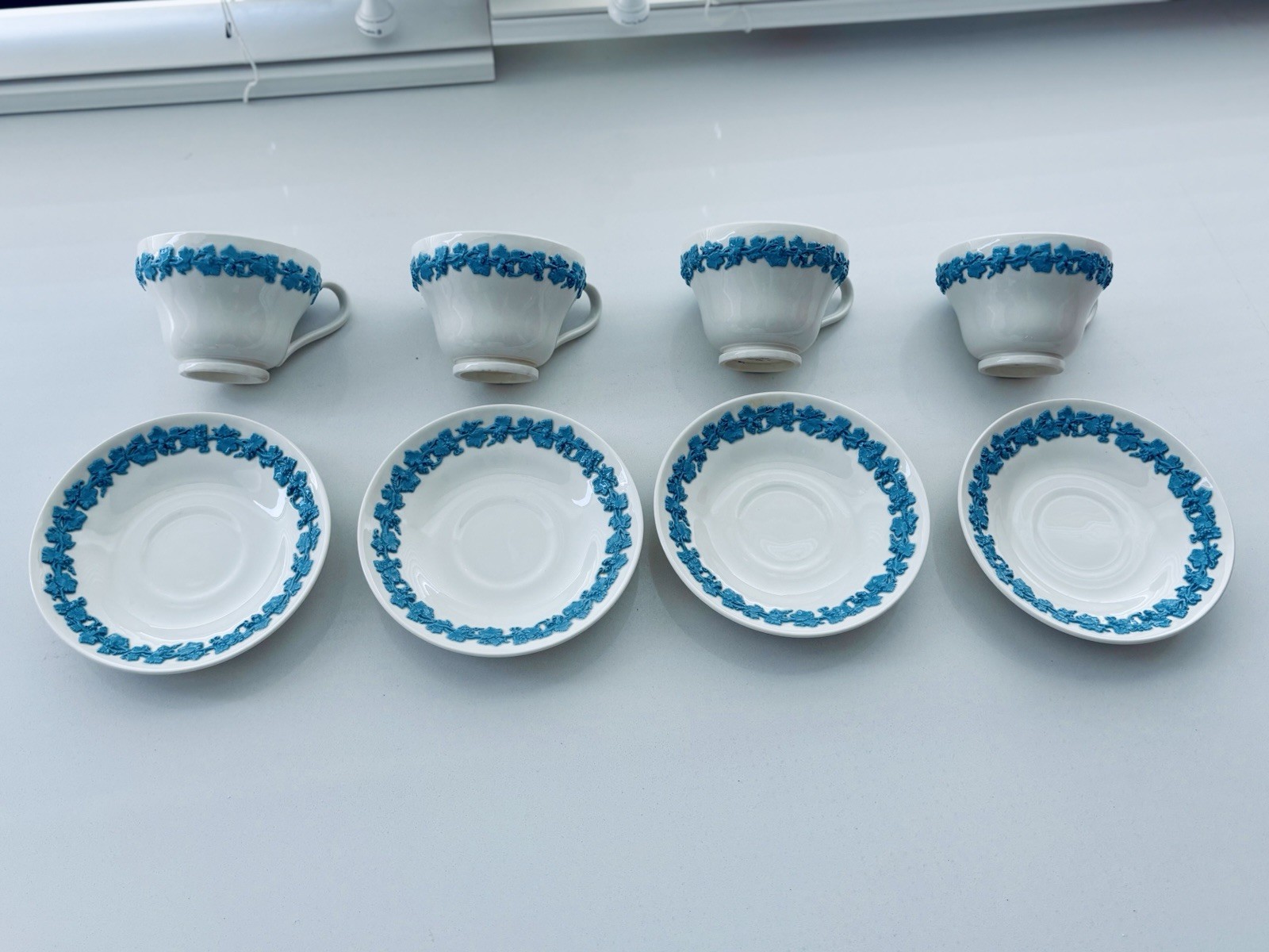 Vintage Wedgwood Lavender Blue White Queensware Footed Tea Cups & Saucers