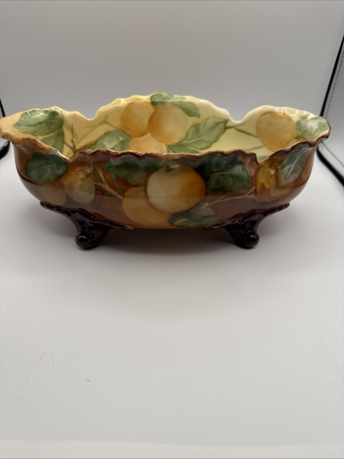 VTG Majolica painted ceramic footed centerpiece bowl with vibrant fruit and Leaf