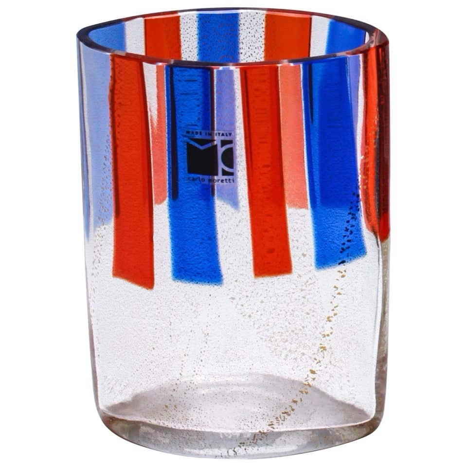 Carlo Moretti Murano Aventurine Glass Vase Red Blue Stripe