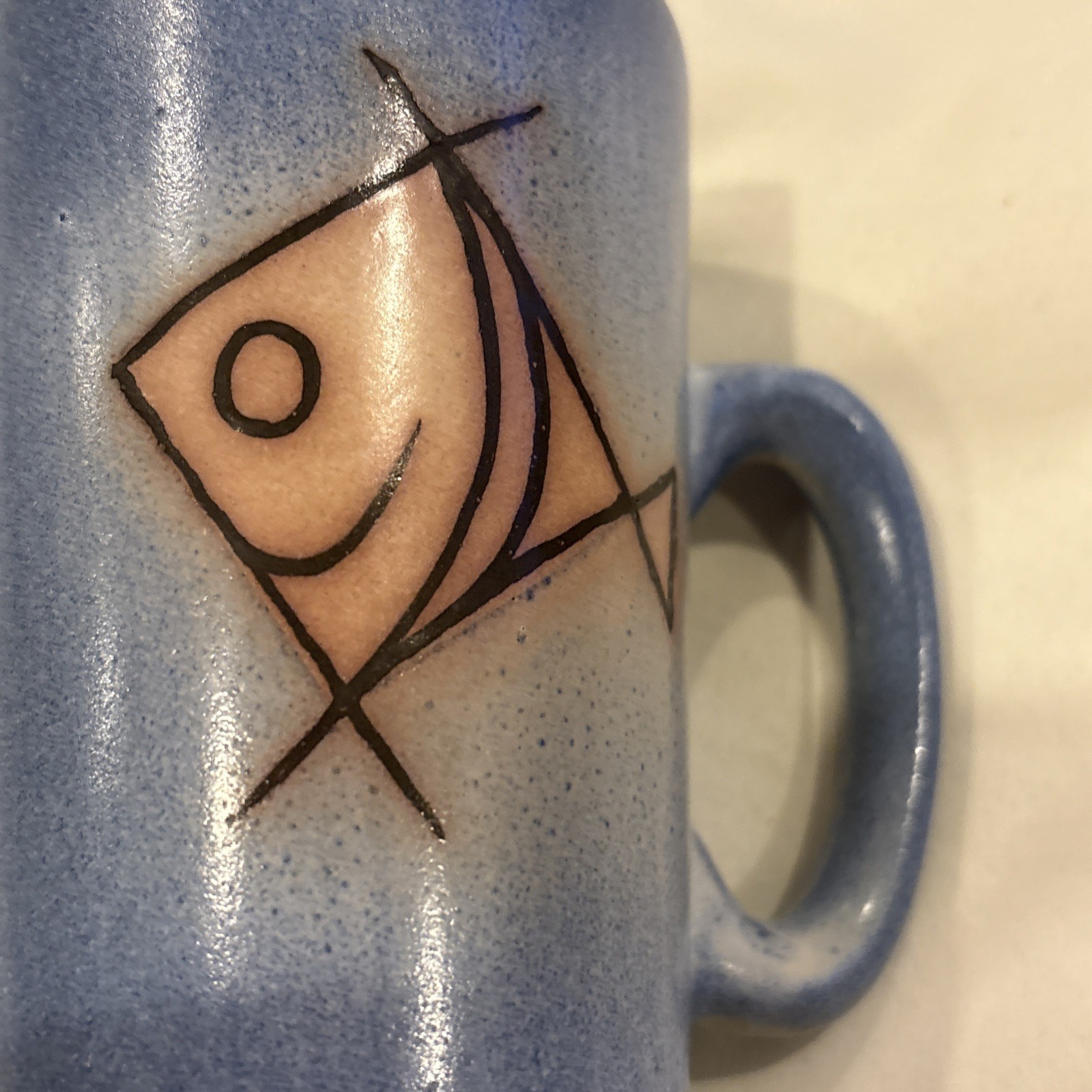 Studio Art Pottery Signed Blue Fish Coffee Tea Mug Handmade 5.7” Tall
