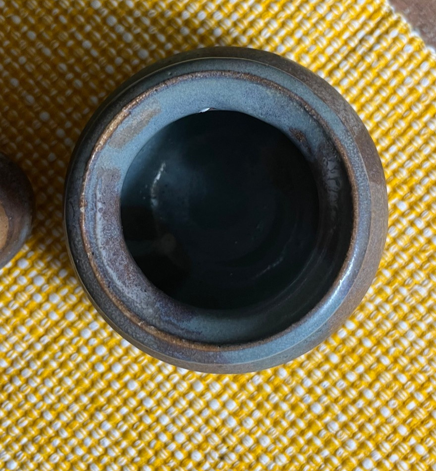Stoneware Pottery Lidded Ceramic Jar Colored w/Brown, Tan Grey Glaze